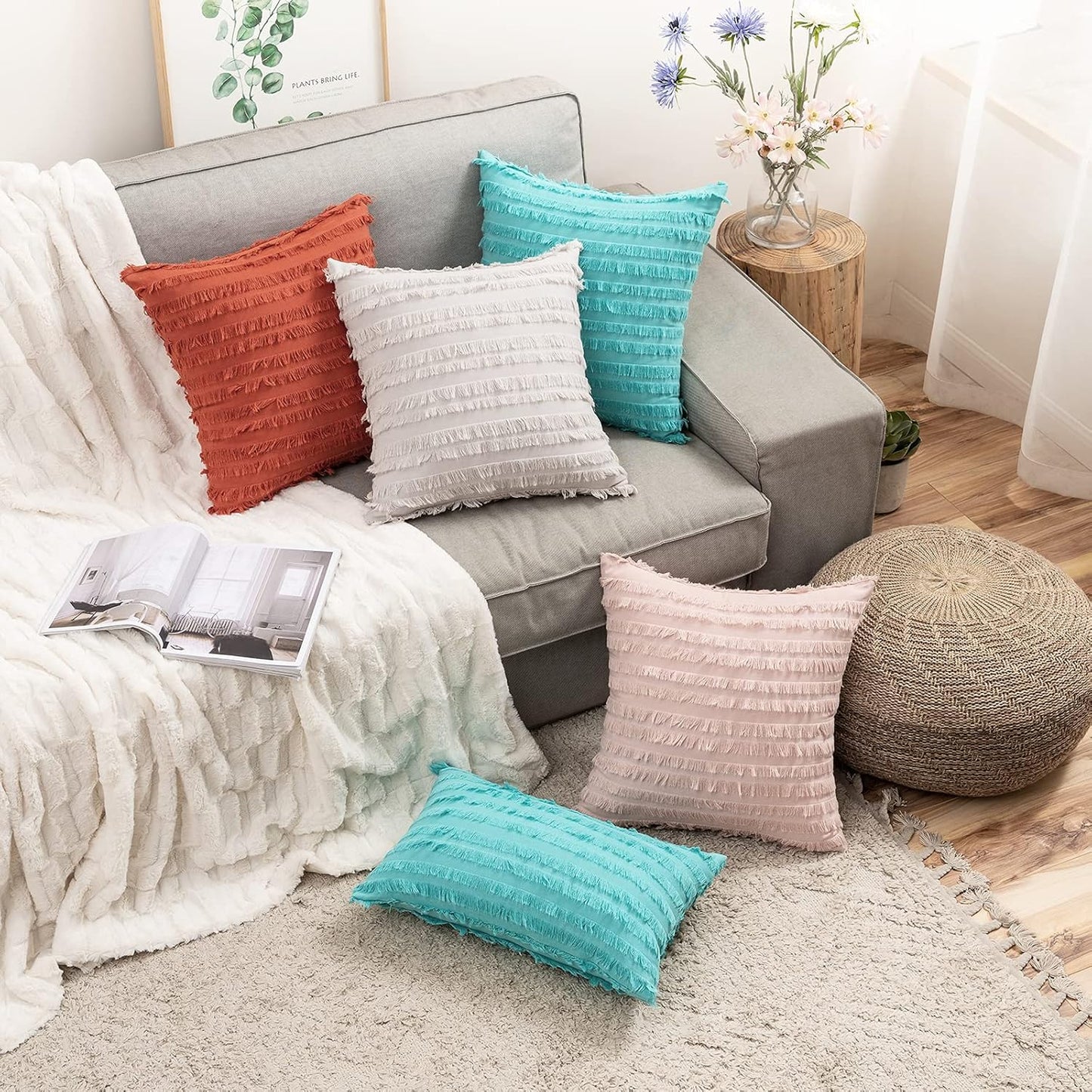 Set of 2 Fall Decorative Boho Throw Pillow Covers Linen Striped Jacquard Pattern Cushion Covers for Sofa Couch Living Room Bedroom 18X18 Inch Burnt Orange