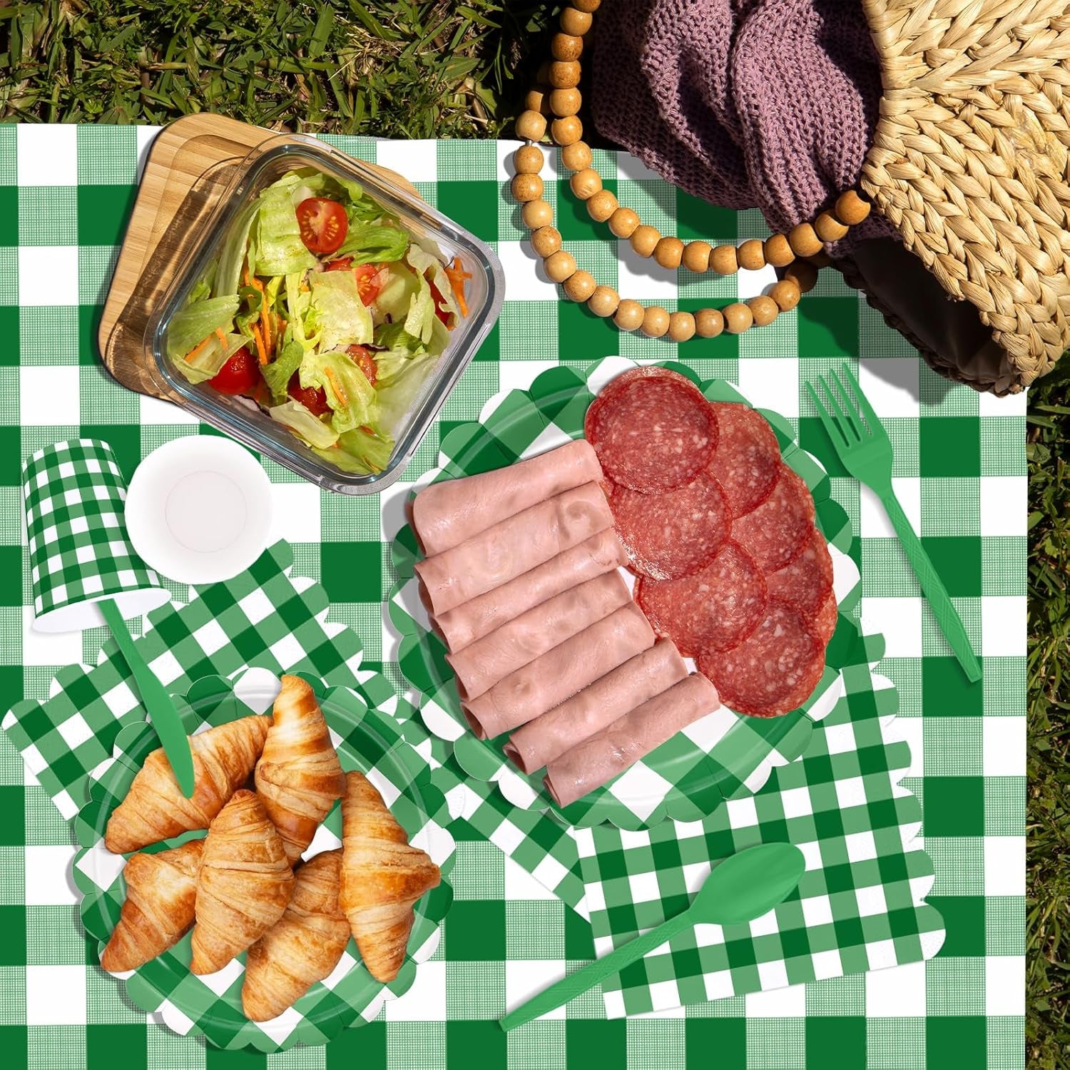176 PCS Green Gingham Plates and Napkins, Green and White Checkered Disposable Plates Set with Napkins Cups Plastic Spoons Forks Knives for Dinner Birthday Picnic Golf Graduation Party Decorations