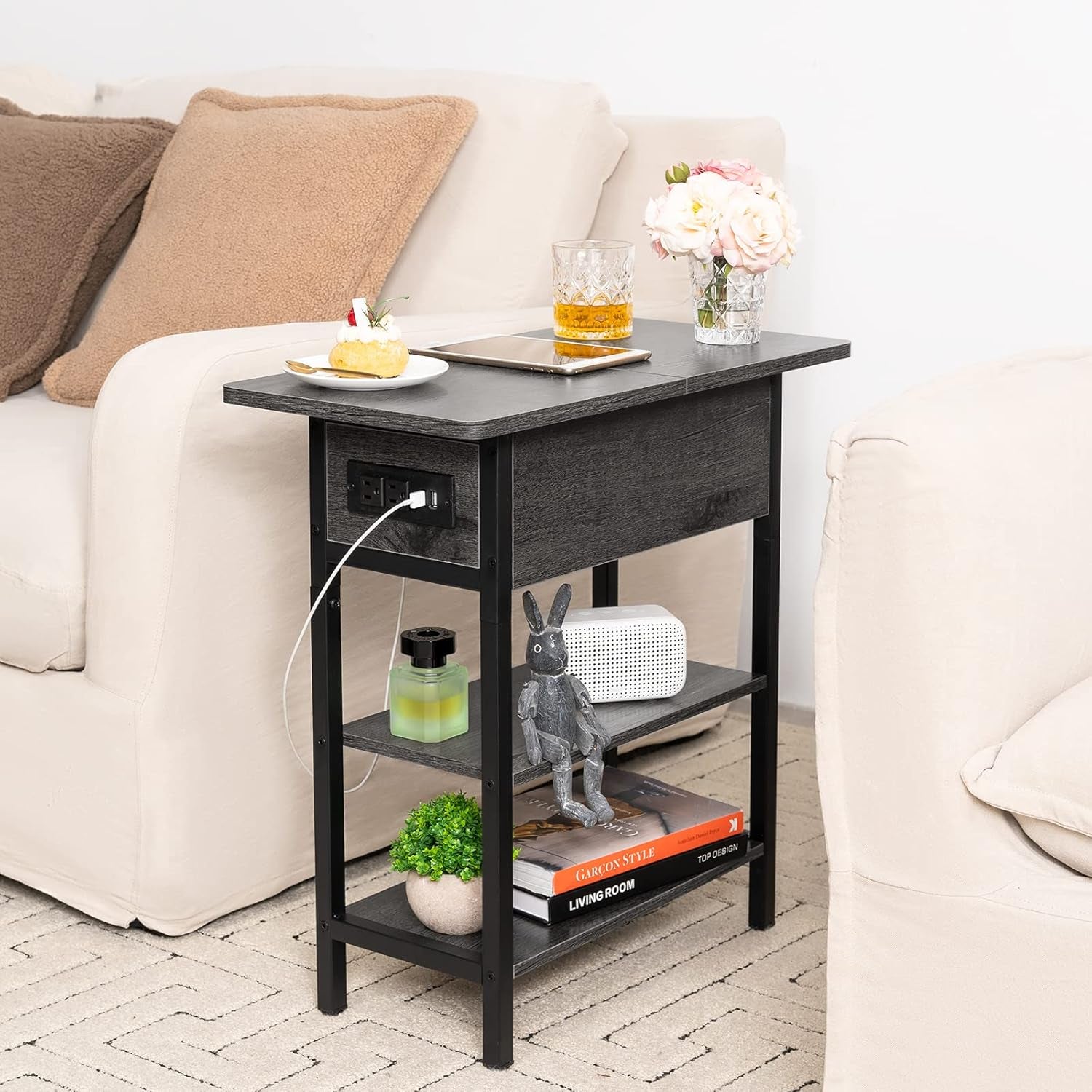 End Table with Charging Station, Flip Top Side Table with USB Ports and Outlets, Sofa Couch Table Bedside Table for Living Room Bedroom, Narrow Nightstand with Storage Shelves for Small Space