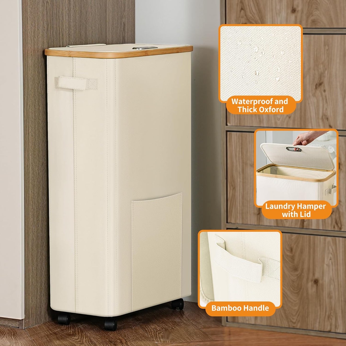 Laundry Basket with Wheels, Dirty Clothes Hamper on Wheels, Rolling Tall Laundry Hamper with Lid for Laundry Room, Dorm and Bathroom, 75L Beige