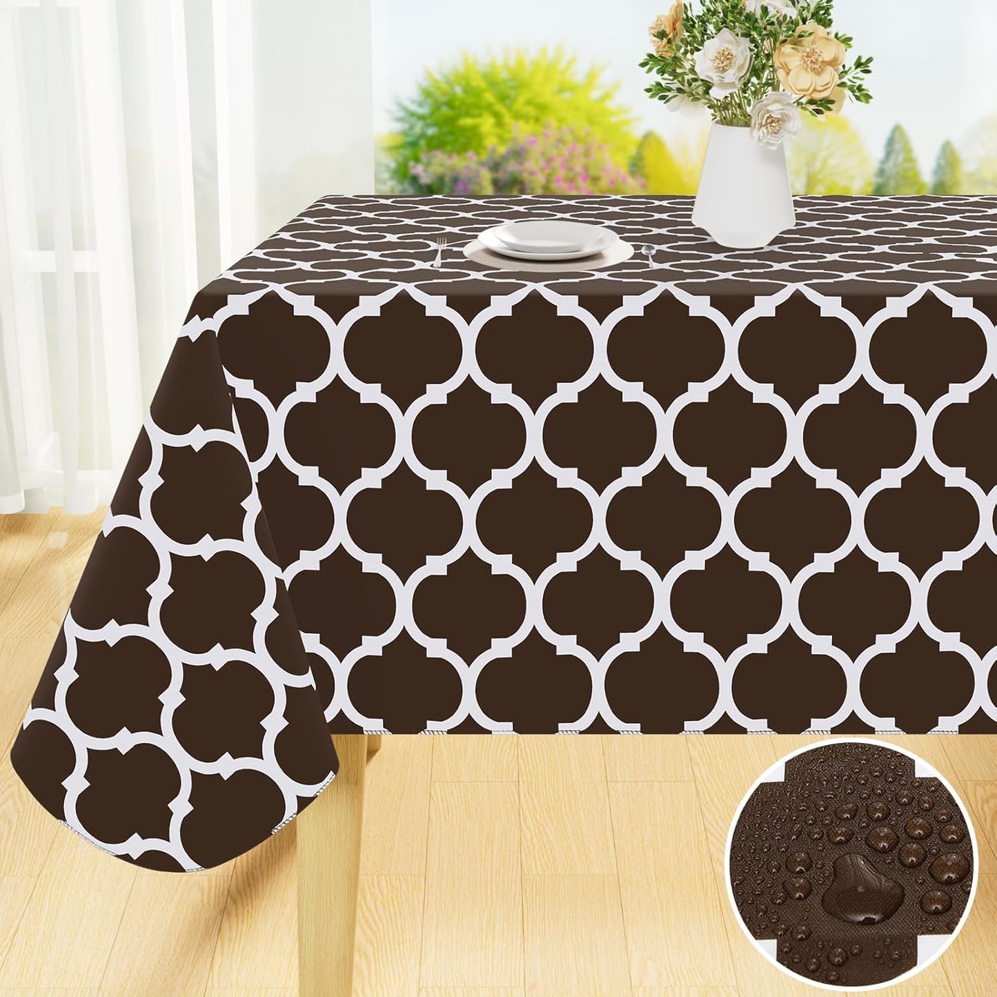 Rectangle Waterproof Vinyl Tablecloth with Flannel Backing, Wipeable and Spillproof for Indoor and Outdoor Use (60" x 84", Coffee)