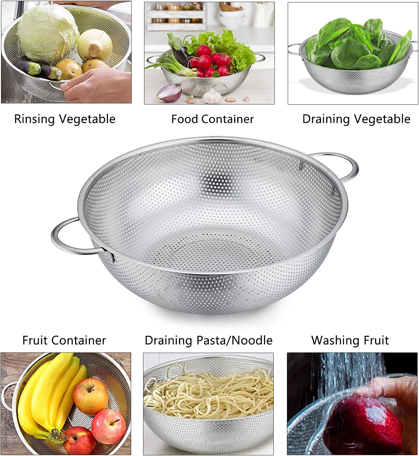 Stainless Steel Colander, Micro-Perforated Food Strainer with Handle for Washing Draining, Great for Pasta Fruits Vegetables, Dishwasher Safe & Healthy, 1 +3 Qt, 2Pcs