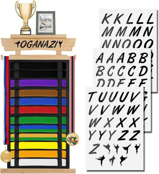 12-Belt Martial Arts Display Rack with Personalized Stickers, Bamboo Trophy Holder for Taekwondo, Karate, and BJJ Belts