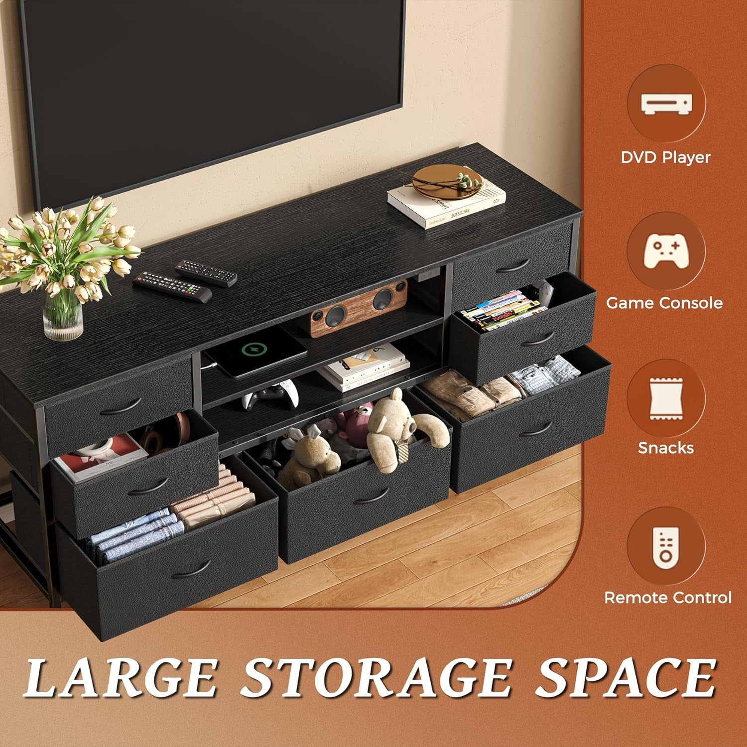 Elegant TV Stand and Dresser with Power Outlets and LED Lighting, 7-Drawer Console for 55-Inch TVs, Black PU Leather Finish