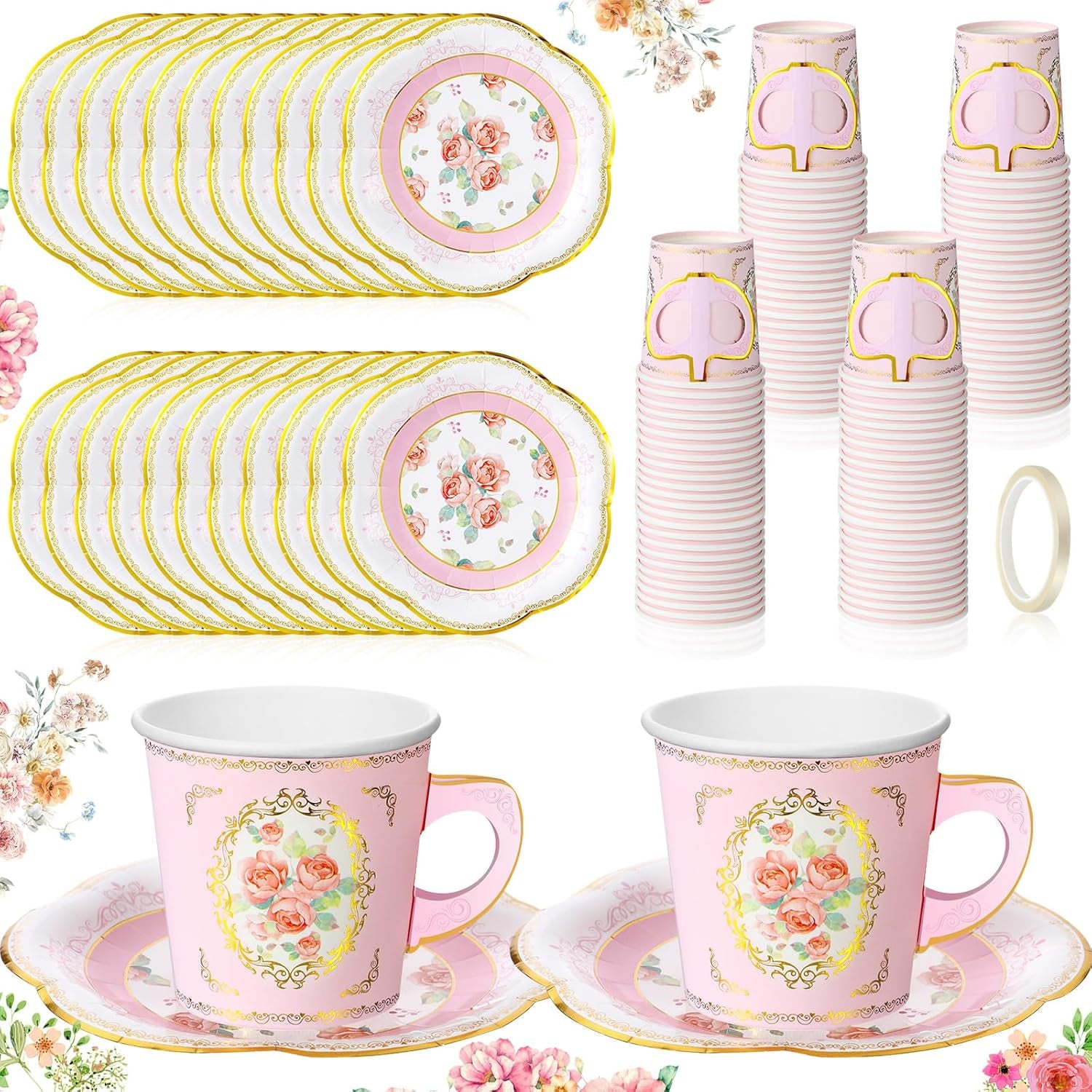 60 Sets of Floral Paper Tea Party Decorations - 6.5 Oz Disposable Teacups with Handles and Saucers for Hot and Cold Beverages - Pink Rustic Design for Birthday Celebrations