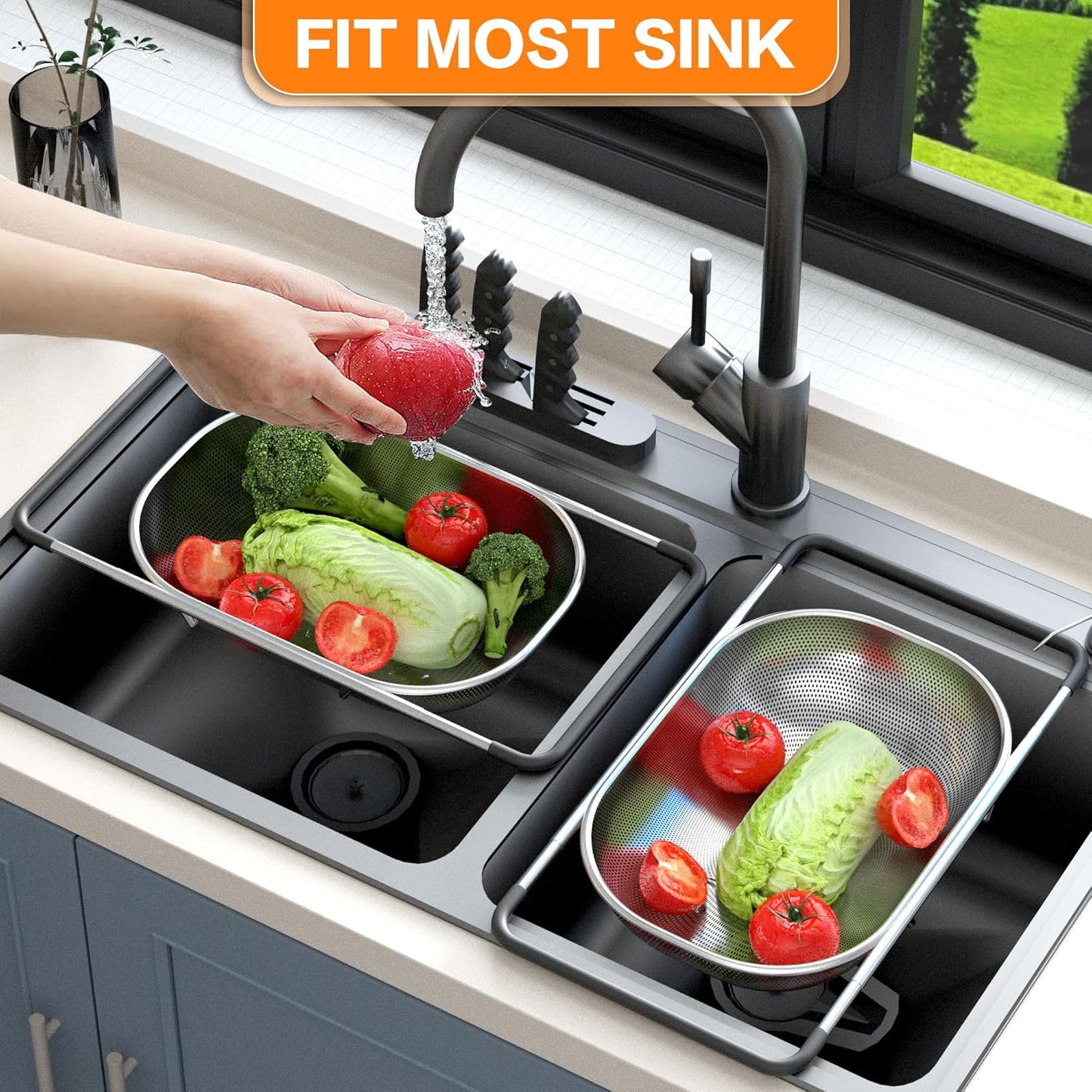 Expandable Over-the-Sink Colander with Rubber Grip - Fine Mesh Strainer for Vegetables, Fruits, and Pasta - Essential Kitchen Tool (9.5W x 13.4-21.3L x 3.3H)