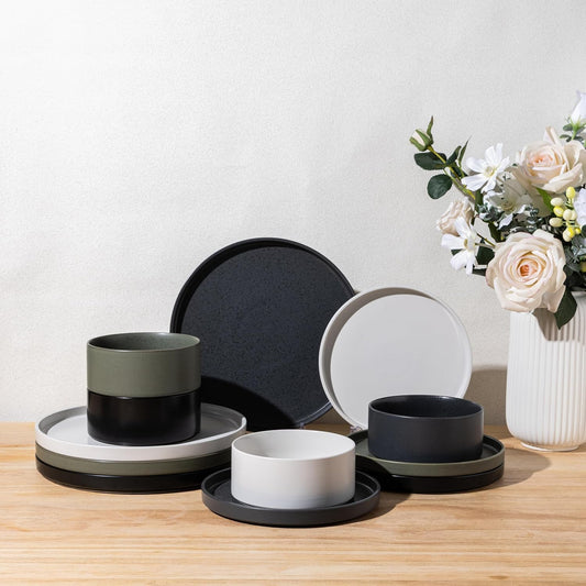 Ceramic Dinnerware Set for Four - Durable Stoneware Plates and Bowls, Chip and Scratch Resistant, Dishwasher, Microwave, and Oven Safe with Reactive Glaze Finish