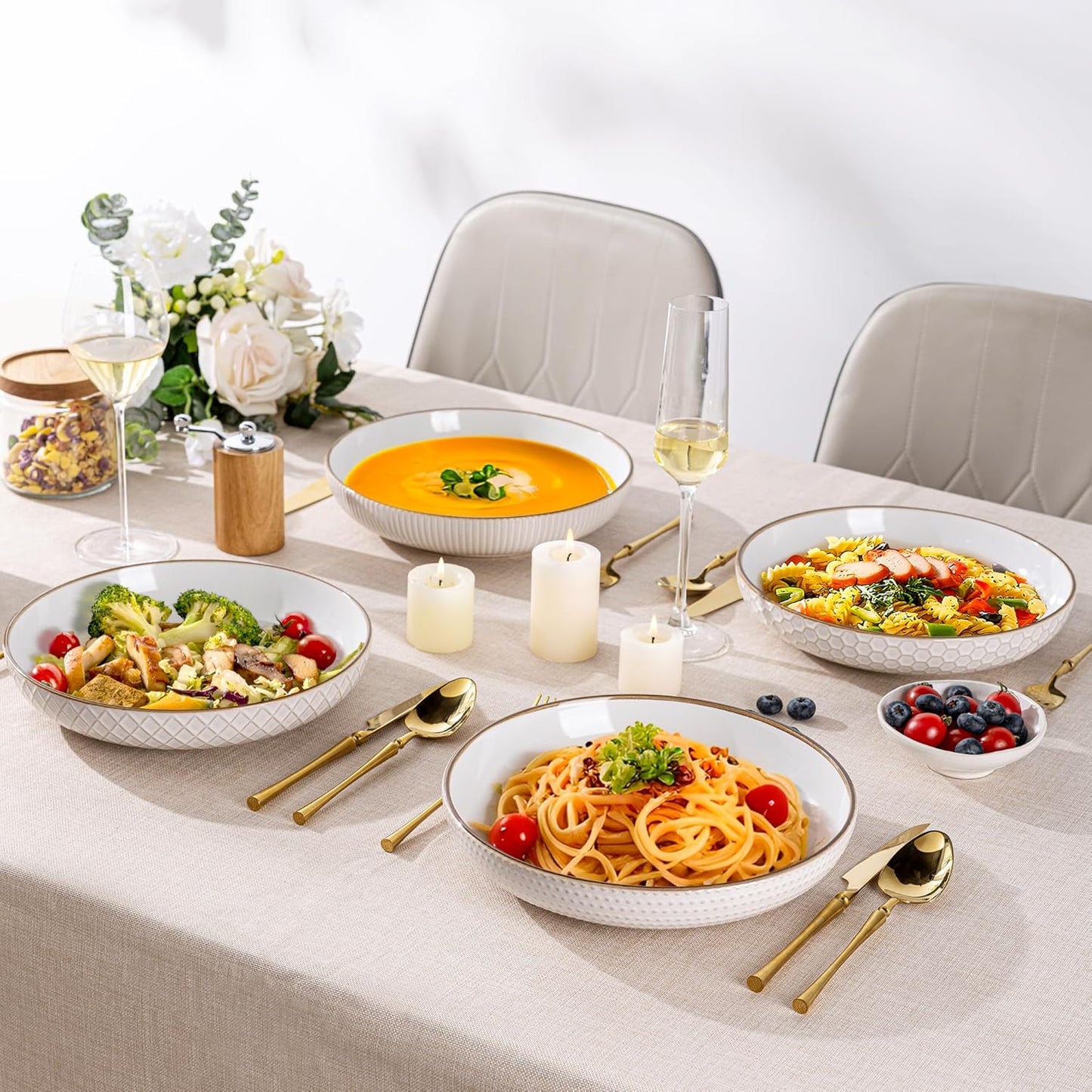 Set of 4 Off-White 9.5'' Large Stoneware Pasta and Salad Bowls - 42 Ounce Ceramic Serving Bowls with Textured Design for Pasta, Fruit, Stews, and Noodles - Ideal Housewarming Gift