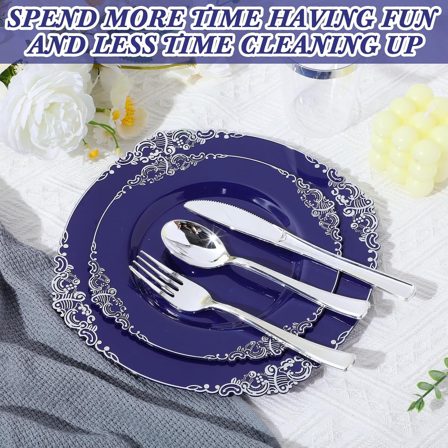 300-Piece Heavy-Duty Navy Blue Plastic Dinnerware Set with Silverware - Includes 50 Dinner Plates (10.2"), 50 Dessert Plates (7.5"), and 150 Silver Utensils for Weddings and Events