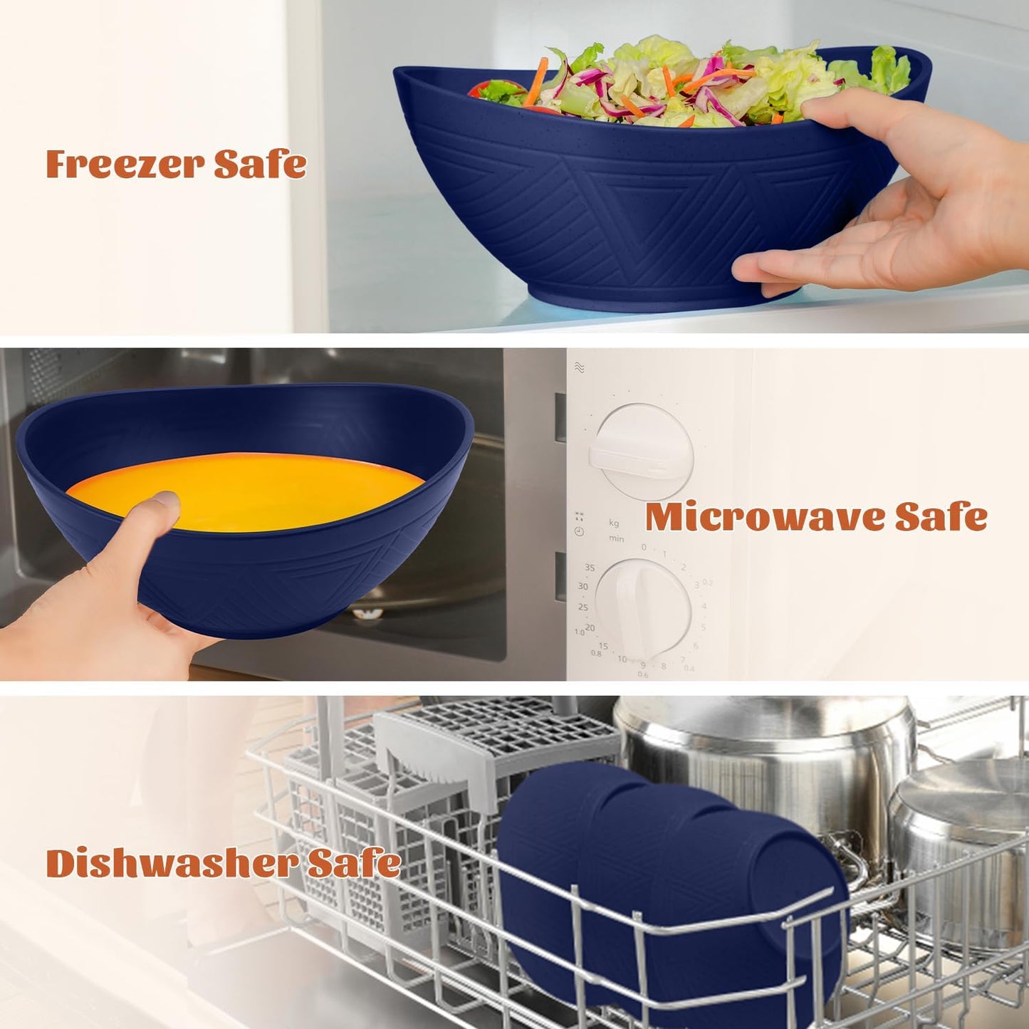 Wheat Straw Oval Serving Bowls, 9.6 Inches, Set of 4 - Dark Blue, 60 OZ Capacity, Microwave and Dishwasher Safe, Perfect for Salads, Popcorn, and Events