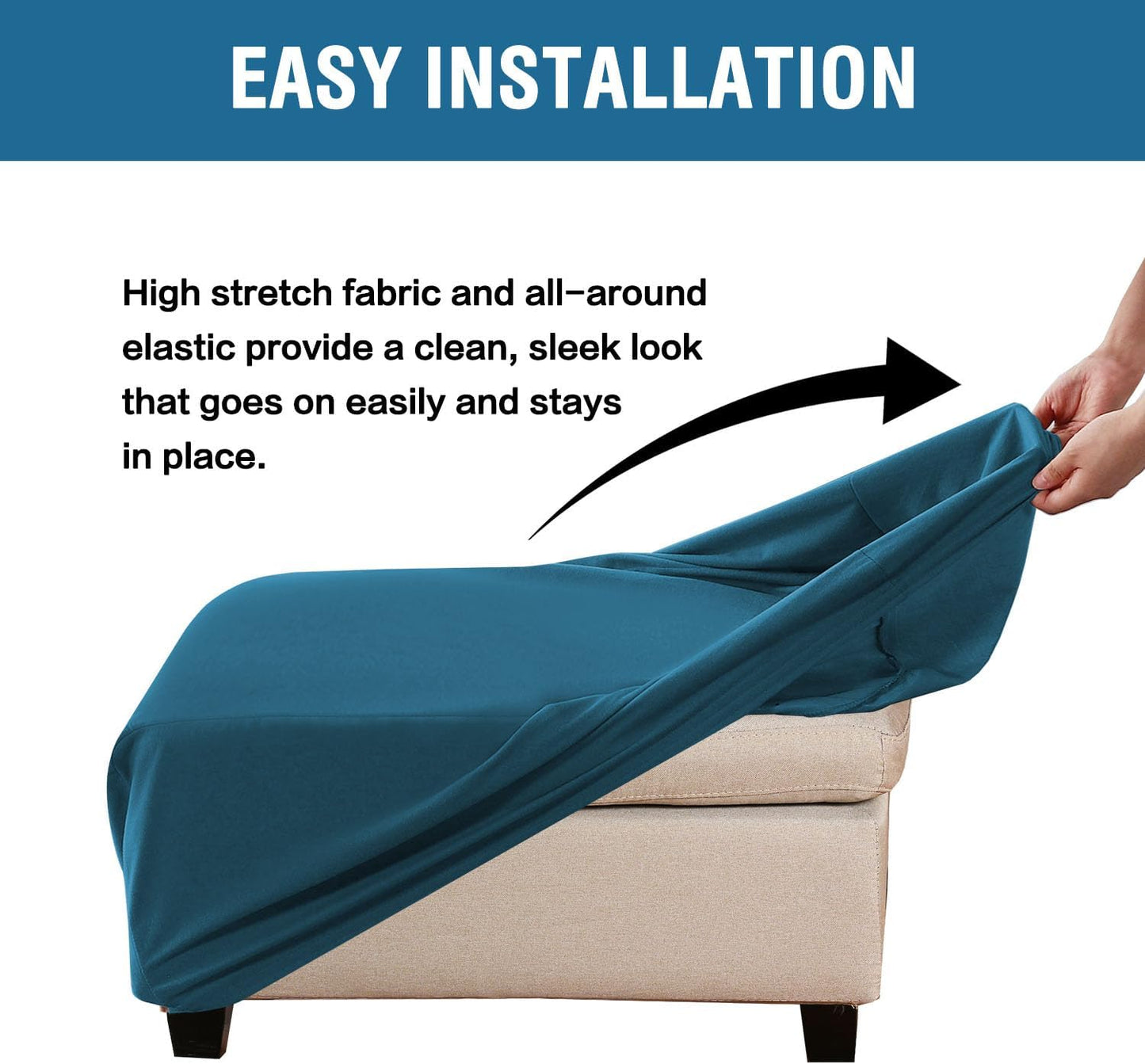 100% Waterproof Ottoman Cover Rectangle Stretch Velvet Ottoman Slipcovers for Living Room with Nonslip Elastic Bottom Furniture Protector Thick Soft Fleece Fabric (Large, Peacock Blue)
