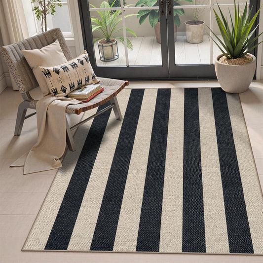 Striped Easy Jute Outdoor Patio Rug, 3X5 Washable Rugs for Entryway Porch, Farmhouse Neutral Non Shedding Indoor Outdoor Carpet for Entry Kitchen Guestroom Deck Foyer