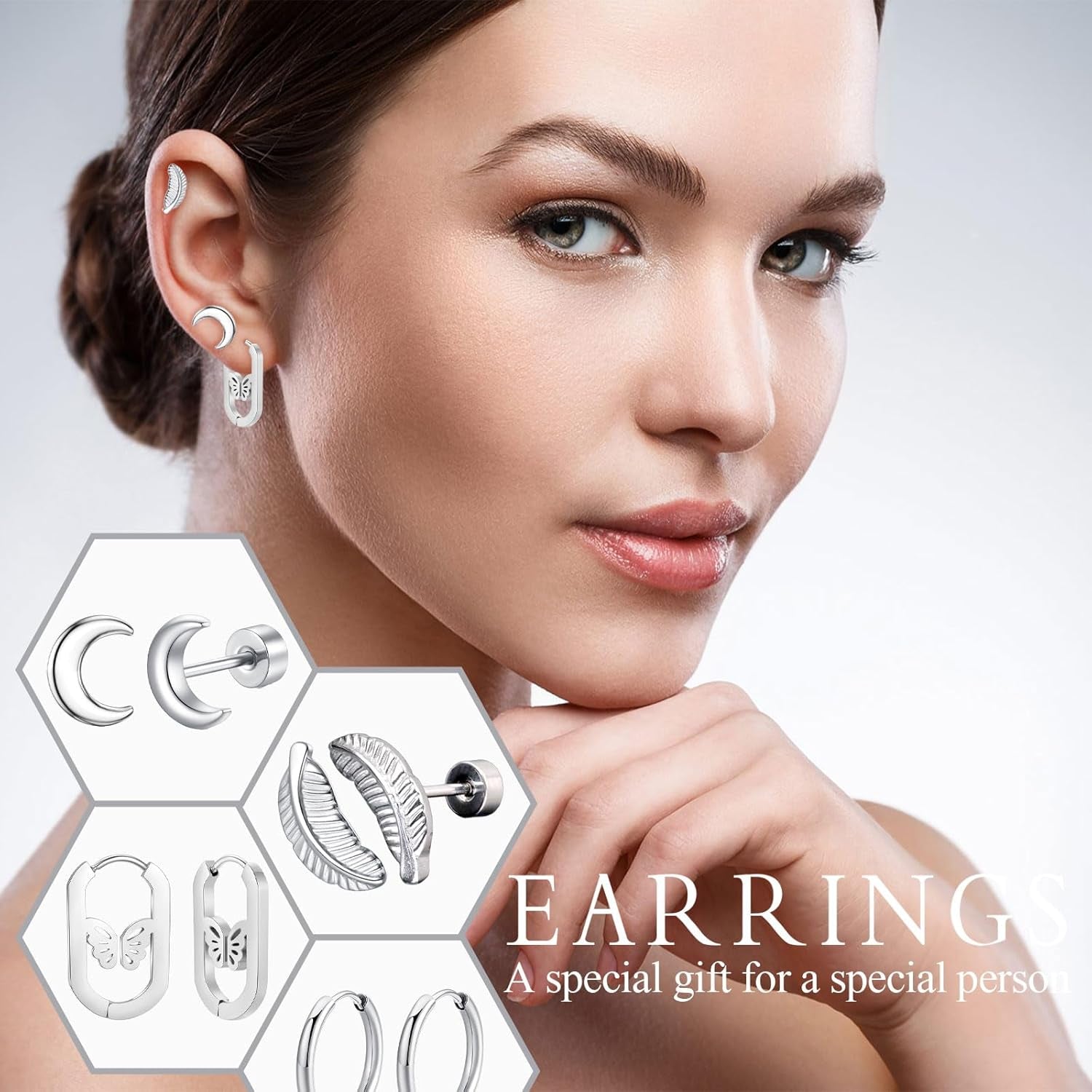 6 Pairs Stainless Steel Stud Earrings Set for Women Men Moon Heart Leaf Butterfly Circle CZ Studs Hypoallergenic Tiny Cartilage Stud Earrings Flatback Earrings