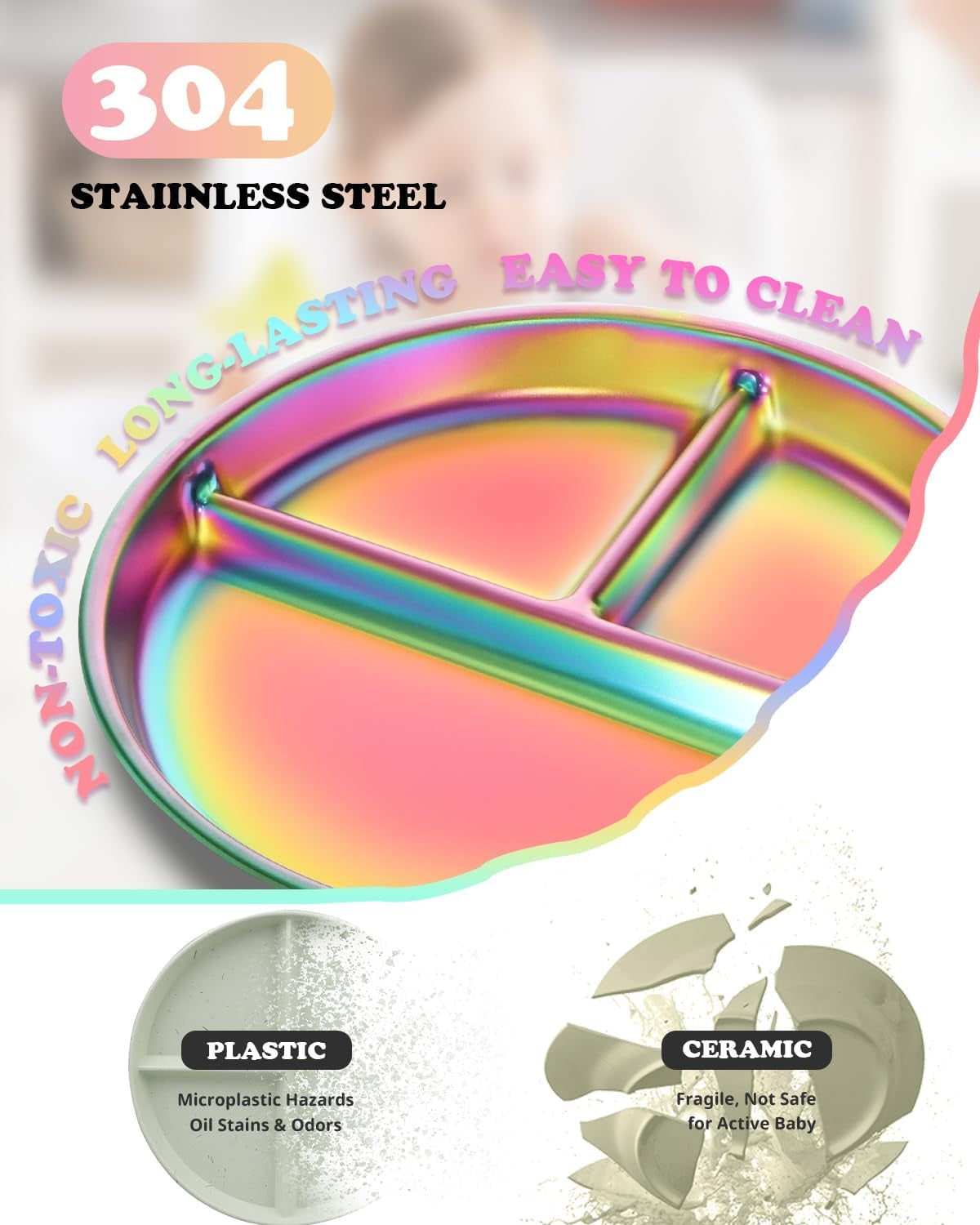 Stainless Steel Kids Plates 4 Packs, Deepened 9" Portion Control Plate Divided Plate for Toddlers Bigger Appetite, Non Toxic Unbreakable Metal Lunch Dishes, Colorful
