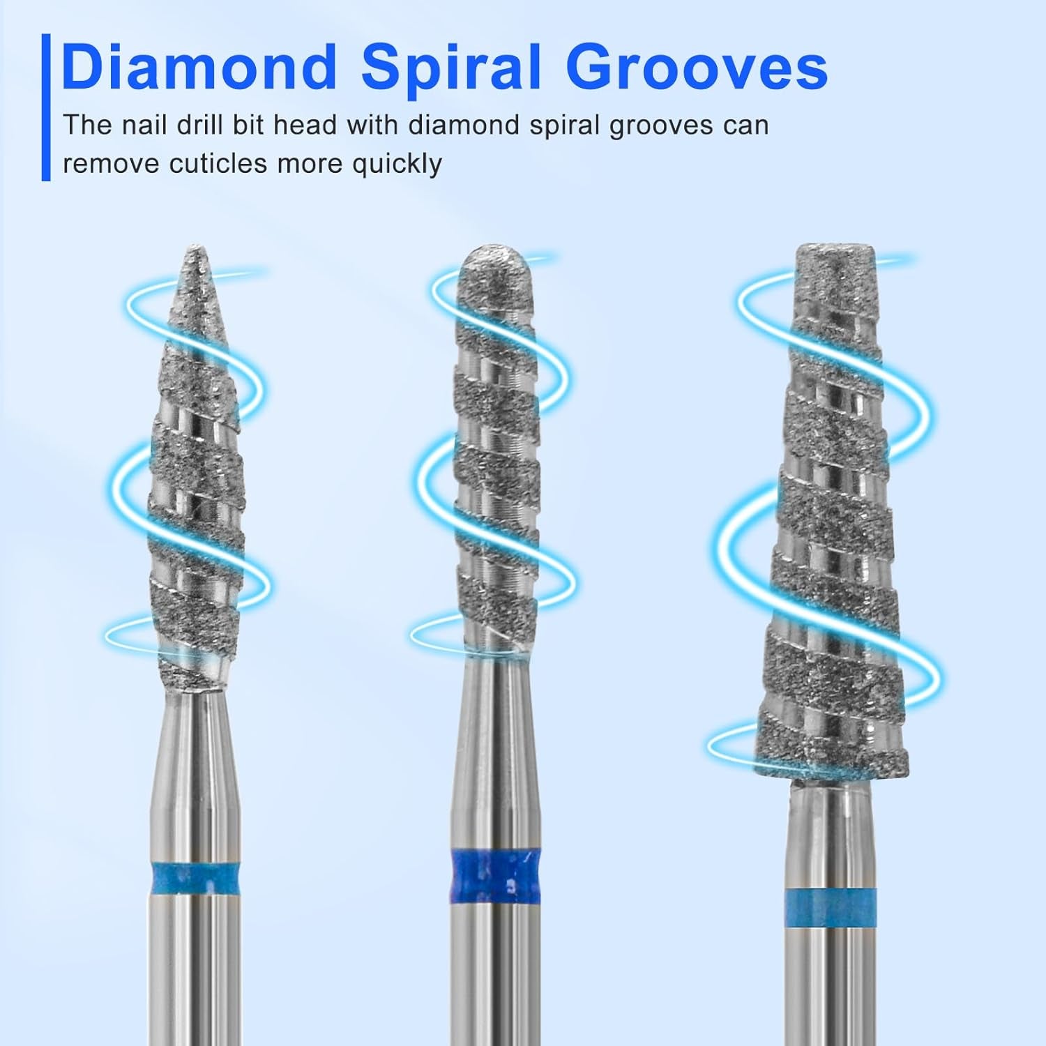 6 Pack Nail Drill Bits for Acrylic Nails, Diamond Carbide Nail Clipper Heads with Diamond Spiral Grooves, 3/32 Inch Cutter Attachment for Nail Preparation, Cuticle and Dead Skin Removal-Blue
