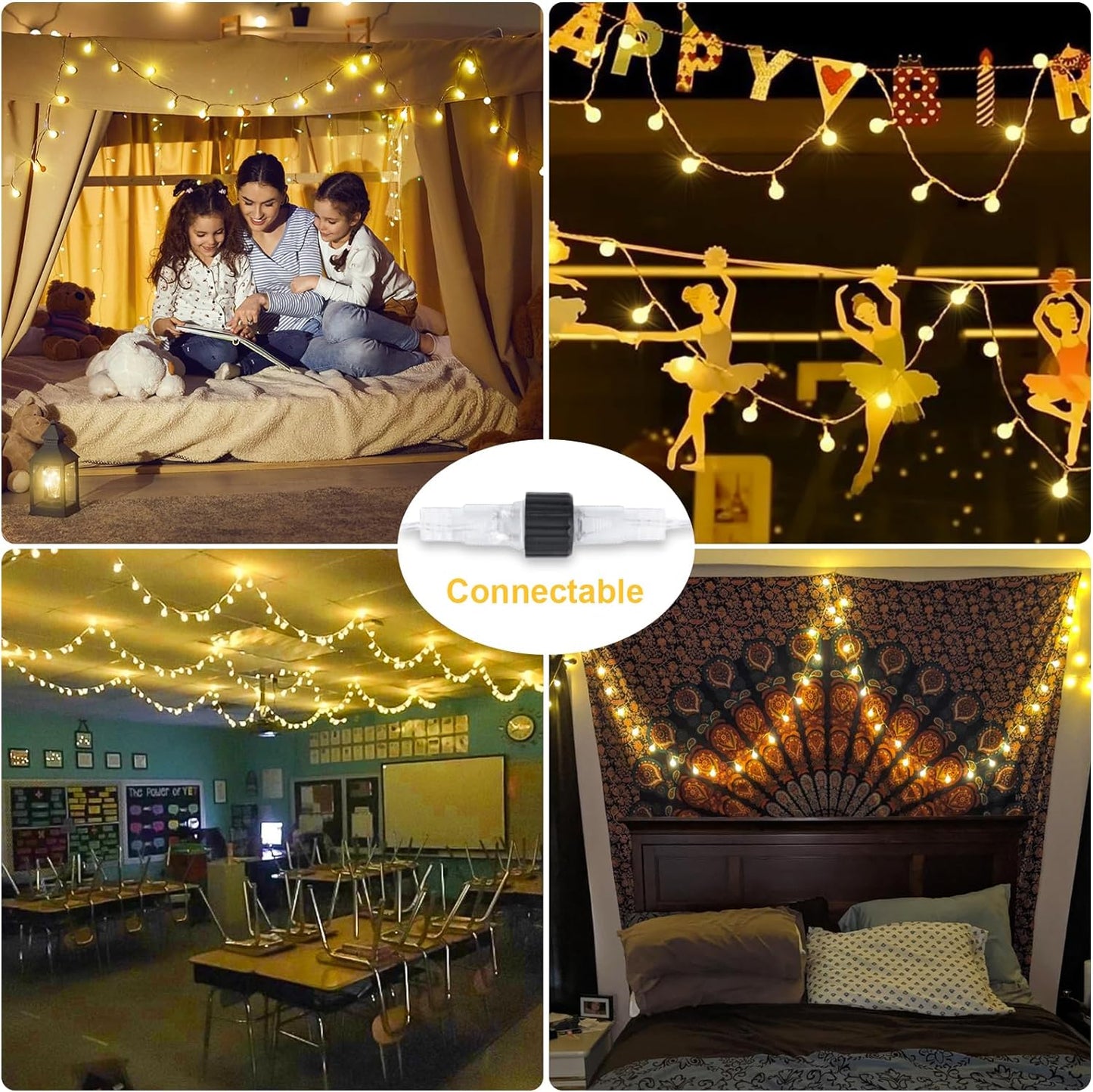100 LED Connectable Globe String Lights Indoor Bedroom, 33Ft Warm White Christmas String Lights Plug in with Remote, 8 Modes Hanging Fairy Lights Outdoor for Room Classroom Dorm Party Decor
