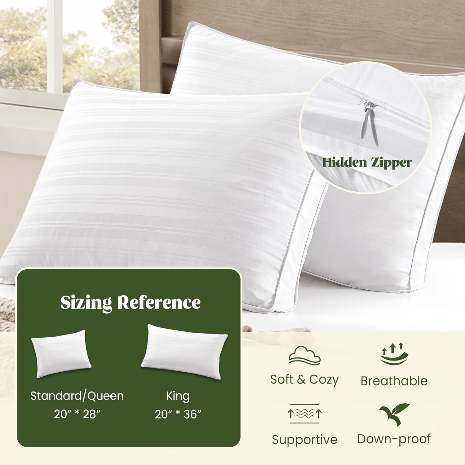 ® Goose Feathers and down Pillows with Gusseted 2 Outer Protectors, Cotton Fabric, White, Standard/Queen Size, Set of 2