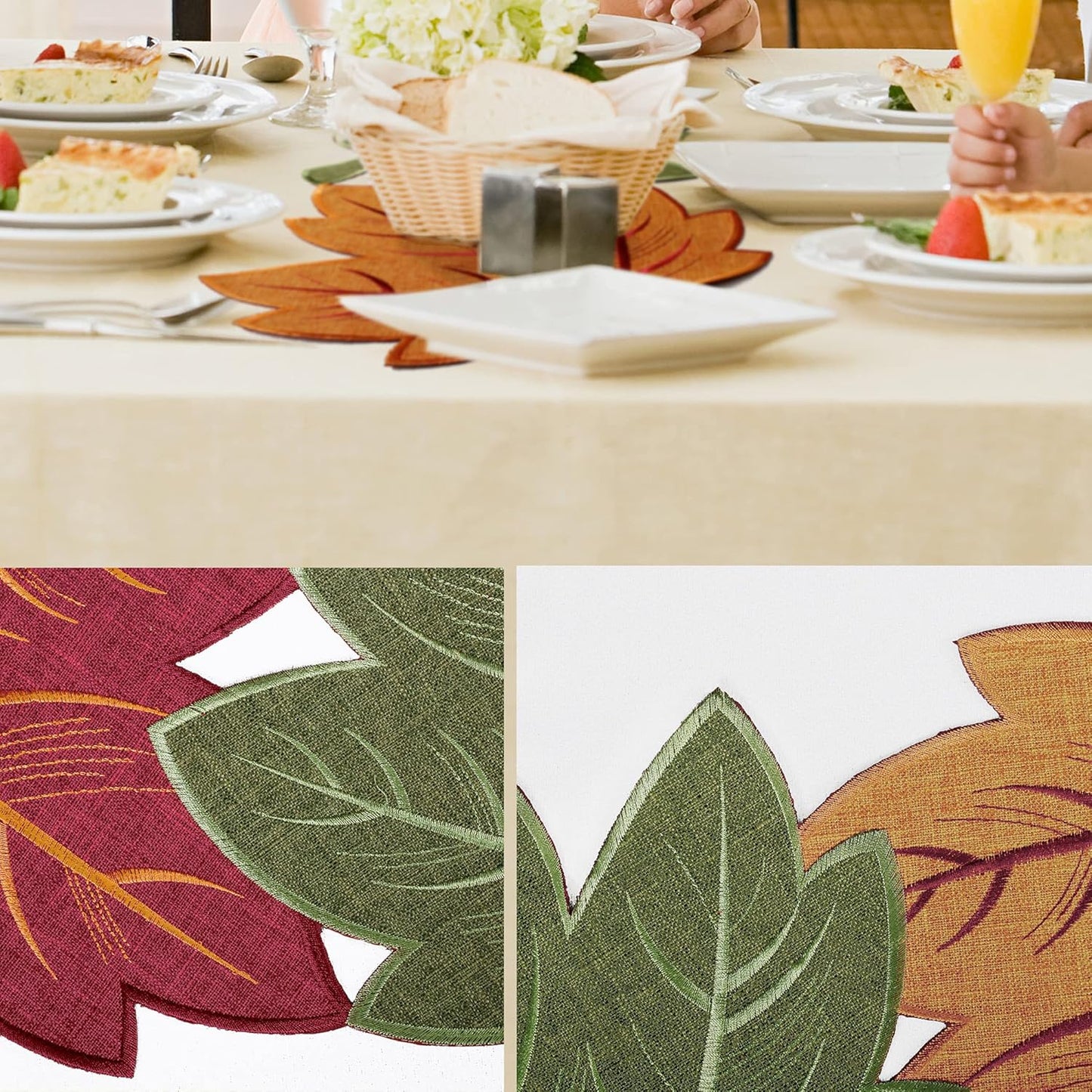 Thanksgiving Leaves Table Runners, Fall Decor for Home, 13 Inch X 36 Inch, Embroidered Harvest Maple Leaf Decoration for Autumn, Farmhouse Centerpieces with Applique Red Green Orange Leaves