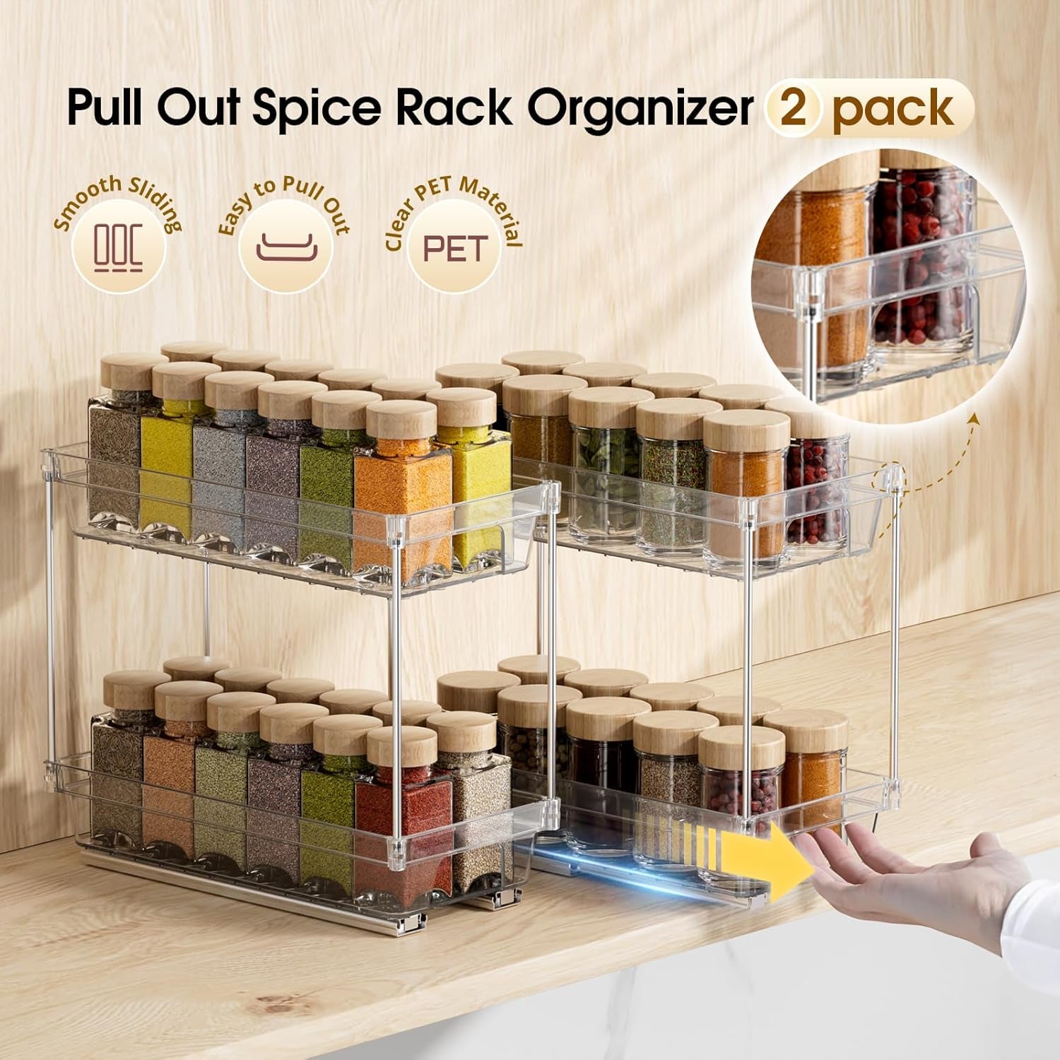 2 Packs Pull Out Spice Rack Organizer for Cabinet, 2 Tier Vertical Spice Organization, 5.47" Wx11.14 Dx9.76 H, Cabinet Size Need:13'' High X 12'' Deep X 6'' Wide(Not for Cabinet with Lip)