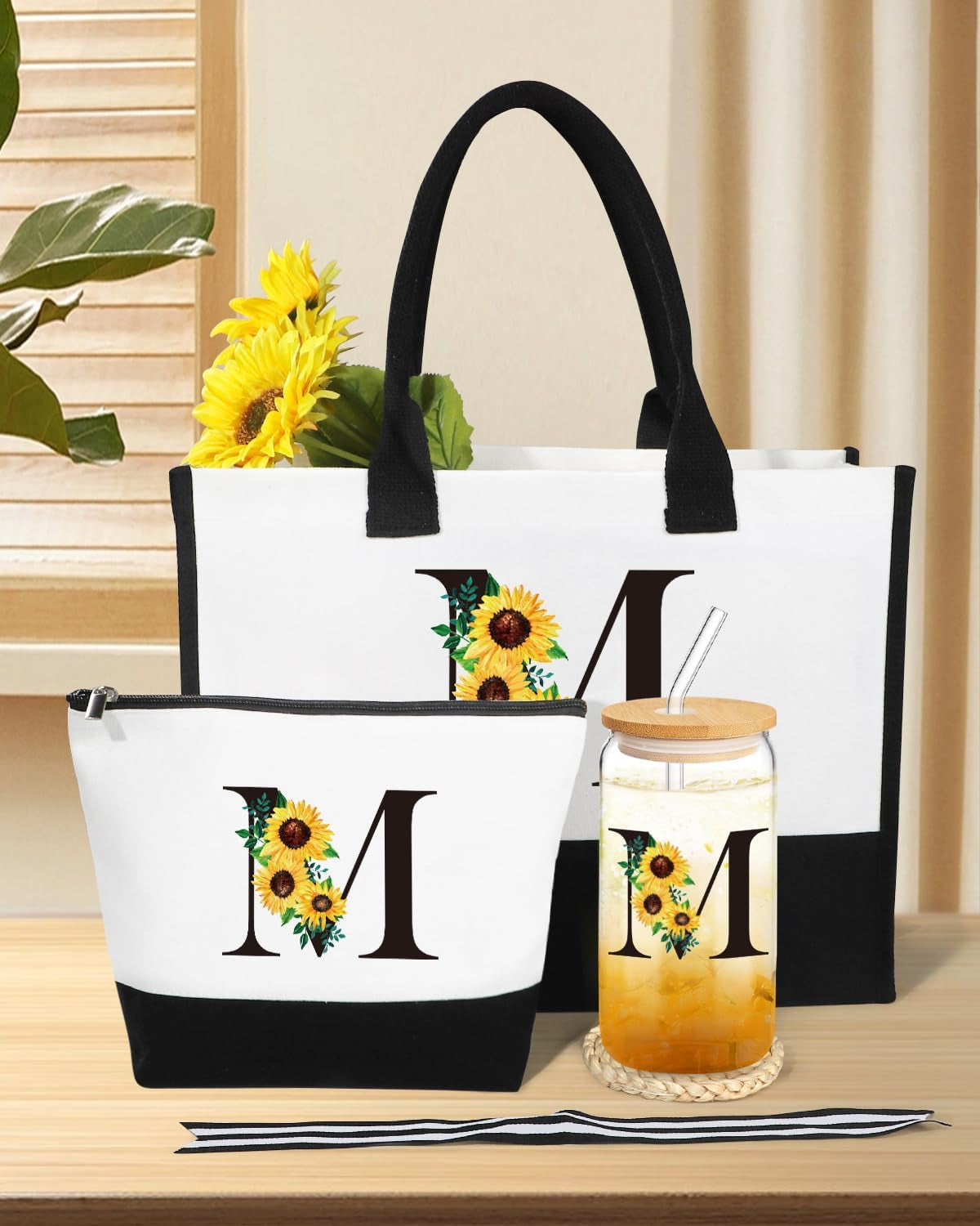 Personalized Gifts for Women, Monogrammed Gifts for Women, Initial Monogram Gift Sunflower Birthday Gift for Mom Sister Best Friends - Monogrammed Canvas Tote Bag & Makeup Bag & Glass Cup M