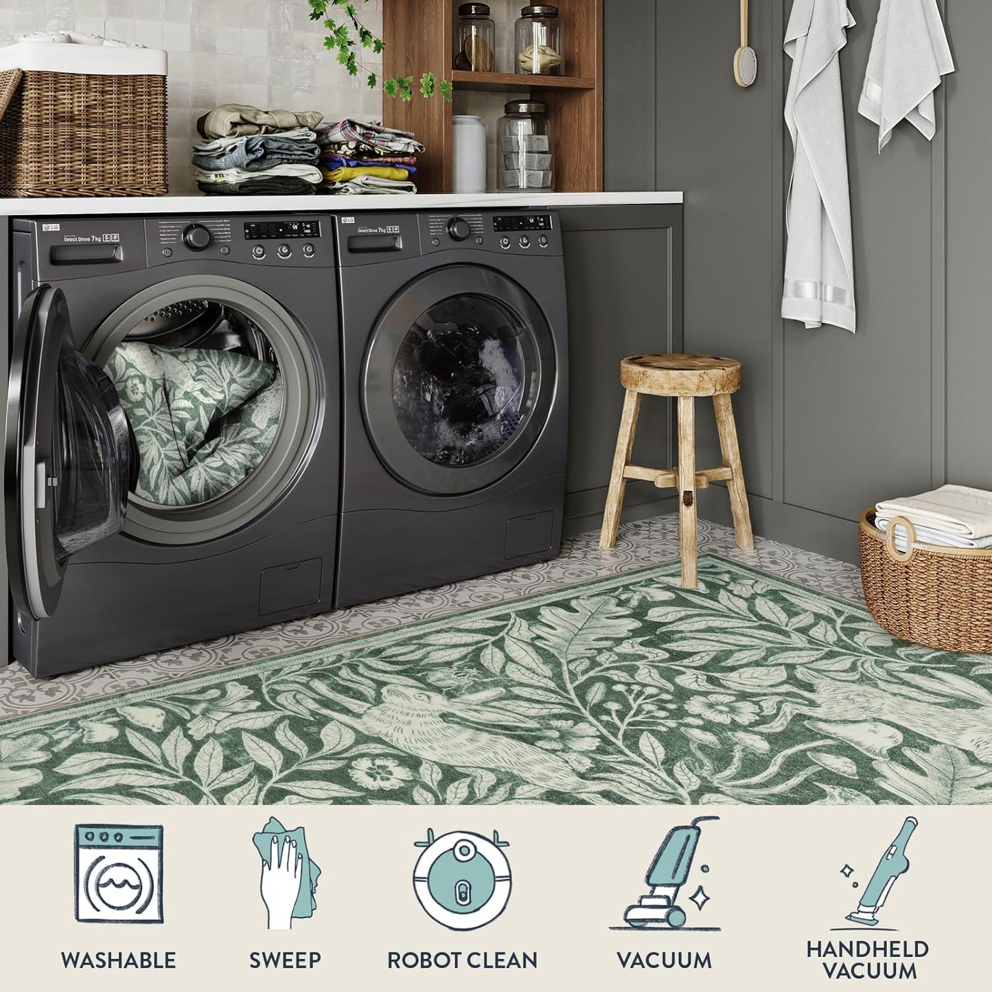 Rabbit 5X7 Washable Rugs for Living Room, Animal Soft Rugs for Dining Room, Whimsical Forest Woodland Print Green Carpet for Bedroom, Nature Non Shedding Non Slip Carpets Accent Rug