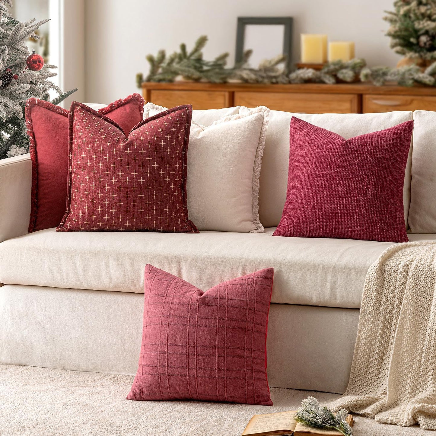 Burlap Linen Throw Pillow Covers 18X18 Inch Set of 2 Burgundy Red Decorative Pillows Modern Farmhouse Pillowcases Soft Accent Cushion Covers for Outdoor Couch Sofa Bedroom Livingroom Home Decor