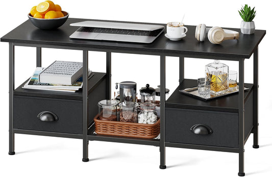 35" Coffee Table with 2 Storage Drawers, Small Coffee Tables for Living Room, Modern Center Table with 2 Tier Shelf, Black