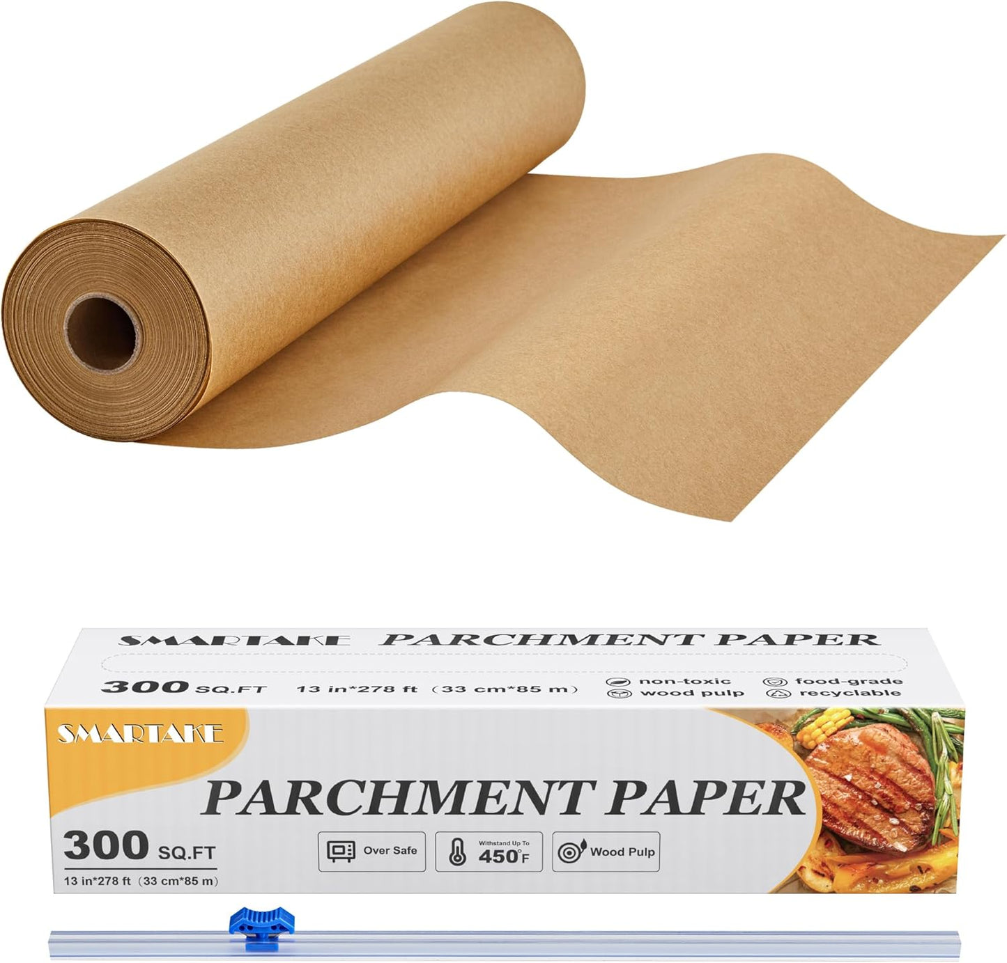 Parchment Paper Roll for Baking, 13 in X 278 Ft, 300 Sq.Ft, Non-Stick Baking Paper Sheets with Slide Cutter, Heavy Duty Extra Long, for Kitchen Baking Cooking Grilling Steaming, Unbleached