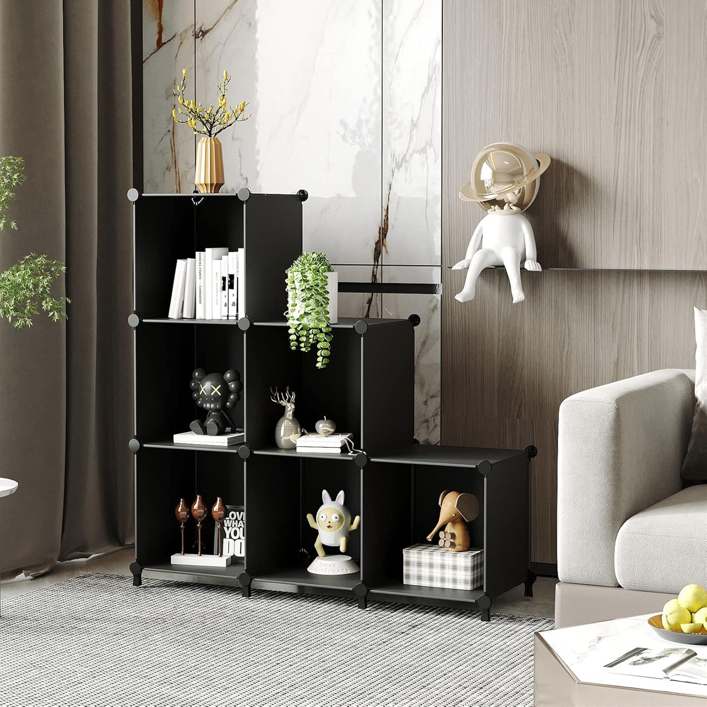 Cube Storage Organizer, Storage Cubes Shelves Bookshelf, 6 Cube Closet Organizers and Storage, DIY Stackable Plastic Clothes Organizer Shelving for Bedroom, Home, Black