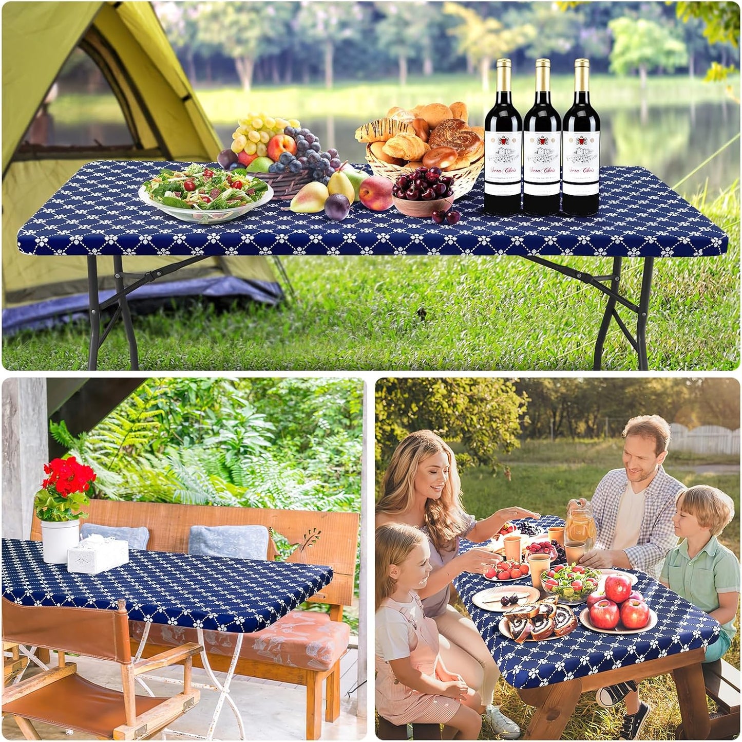 Rectangle Vinyl Table Cloth, Elastic Fitted Tablecloth with Flannel Backing, Waterproof Plastic Table Cover Fits 6 Foot Folding Tables for Camping, Indoor and Outdoor (Navy, 30" X 72")