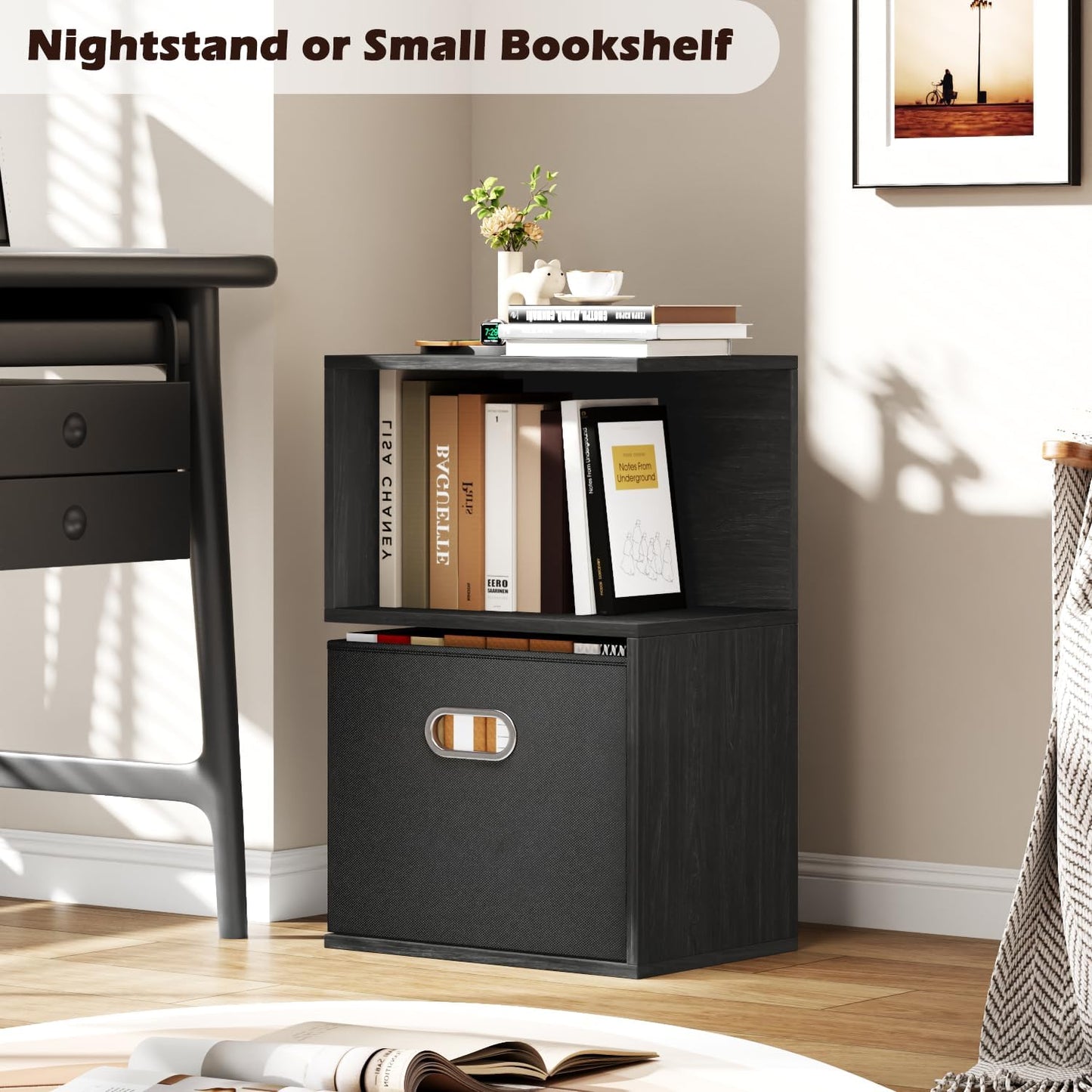 S Nightstand with Charging Station, 3 Tier Open End Table with Drawer, Wood Bedside Table with Storage for Living Room/Bedroom/Small Space, Black Oak