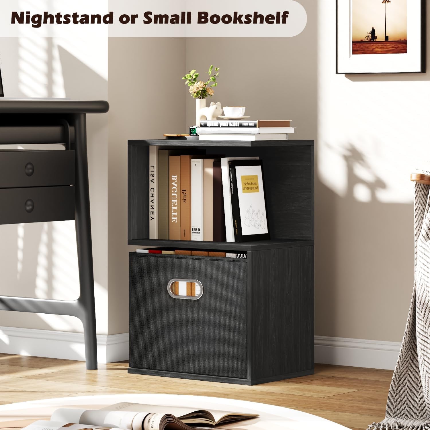 S Nightstand with Charging Station, 3 Tier Open End Table with Drawer, Wood Bedside Table with Storage for Living Room/Bedroom/Small Space, Black Oak