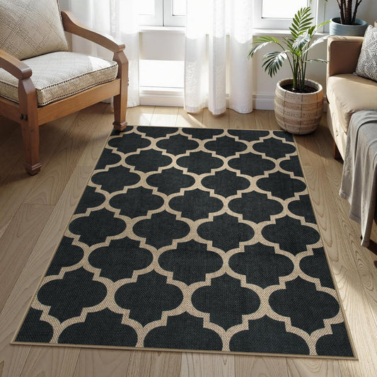 Moroccan Easy Jute Outdoor Entryway Rug, 3X5 Black Washable Front Porch Rugs for Balcony Bedroom, Farmhouse Trellis Neutral Thin Non Slip Small Carpet for Indoor Living Room Backyard Entrance