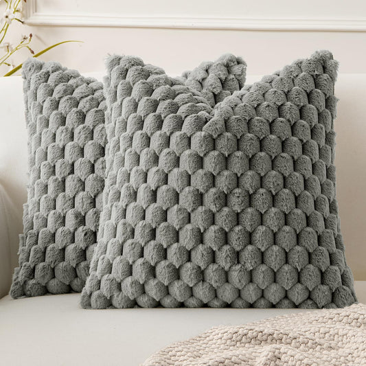 Grey Faux Fur Decorative Throw Pillow Covers 18X18 Inch Set of 2 Super Soft Cozy Plush Cushion Cases Luxury Fluffy Pillowcases for Sofa Couch Bed Living Room
