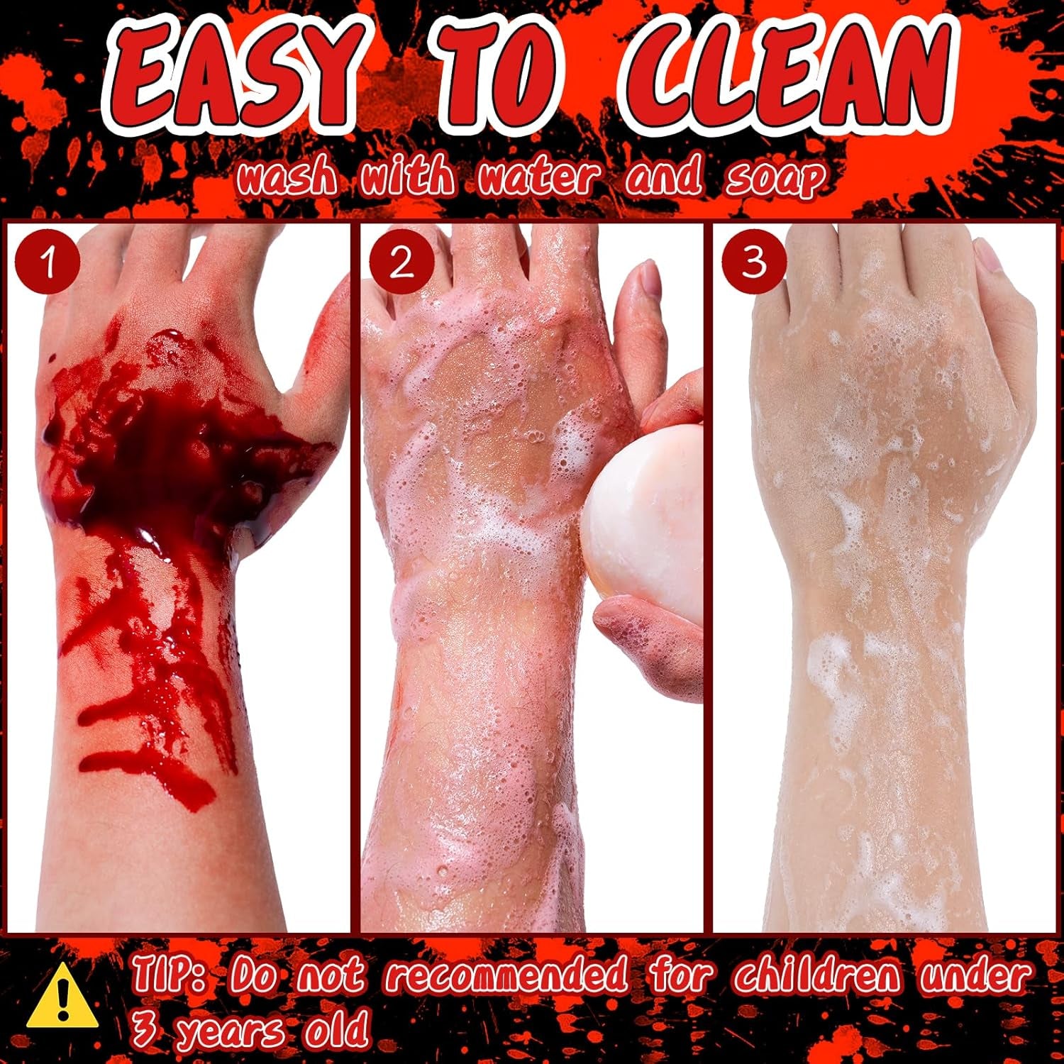 Halloween Fake Blood Makeup Kit, 3PCS Realistic Washable Costume Blood Set (1.69Oz Spray + 1.69Oz Dripping + 1.01Oz Coagulated ) for Zombie Vampire SFX, Dark Coagulated & Fresh Spray Effects