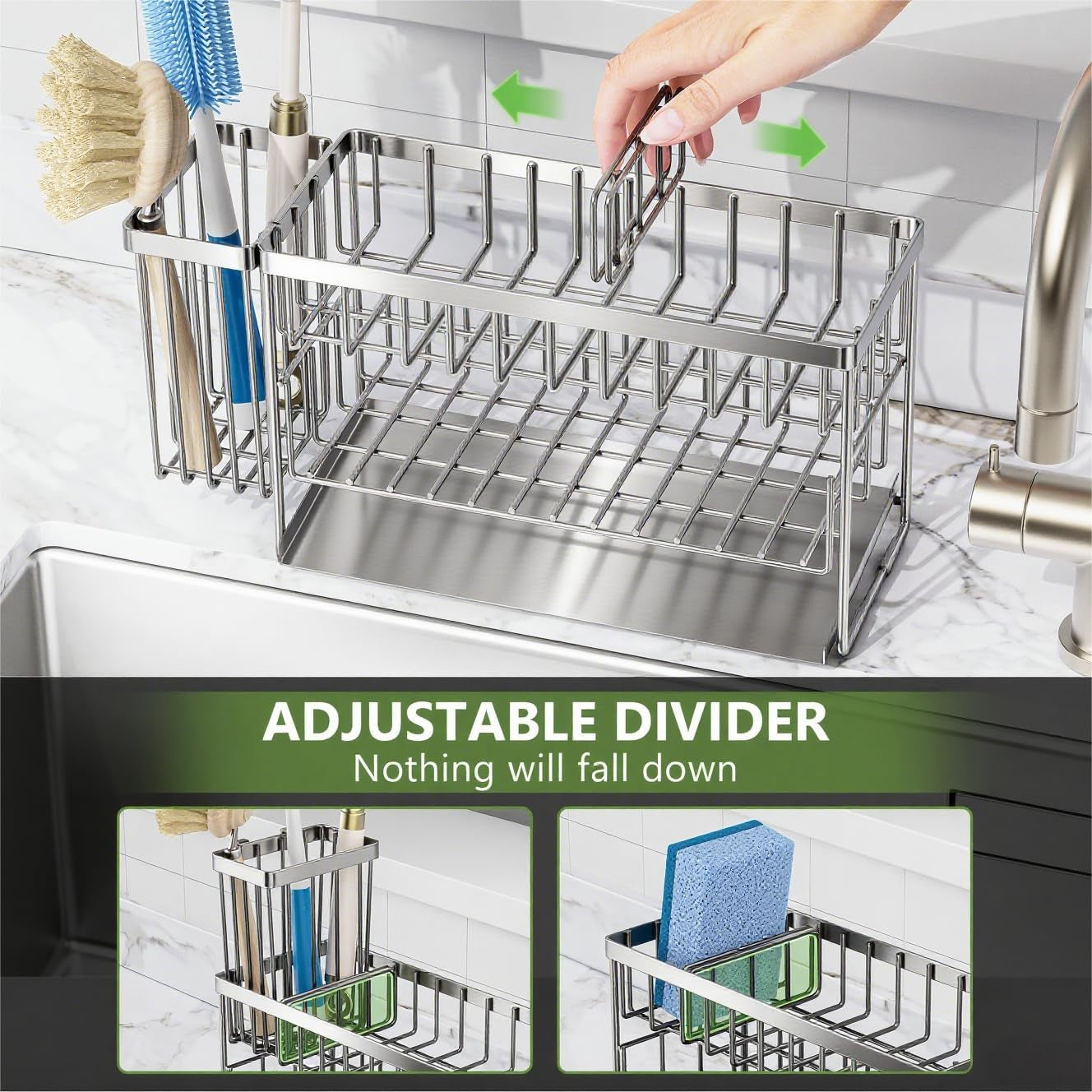 Silver 2-Tier Kitchen Sink Caddy Organzier Rack with Flexible Dish Brush Holder, Sponge Holder for Kitchen Sink Countertop Organization Storage,Home Decor Stainless Steel