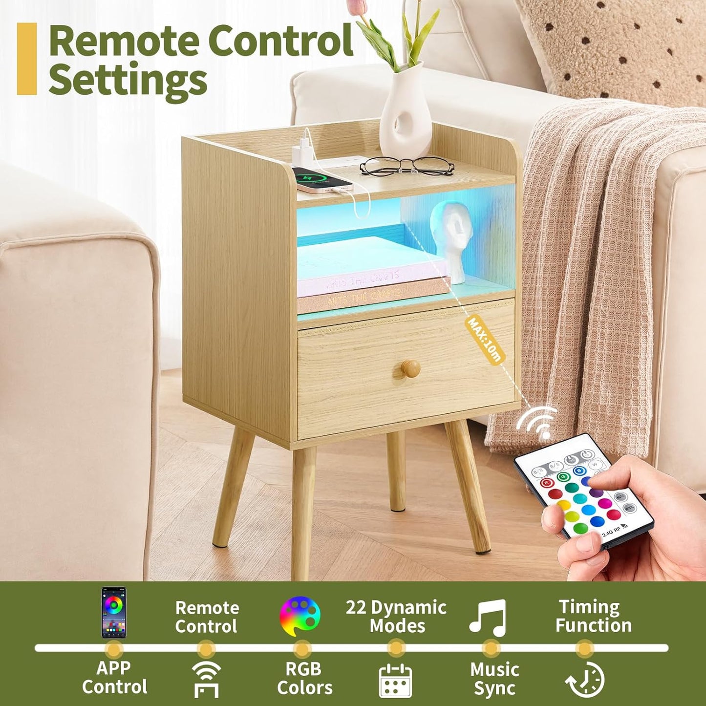 Nightstand with Charging Station, Modern Night Stand with LED Lights, Wood Nightstands with Fabric Drawer & Storage Shelf, Night Stands Bedside Table with USB Ports for Bedroom, Office, Home
