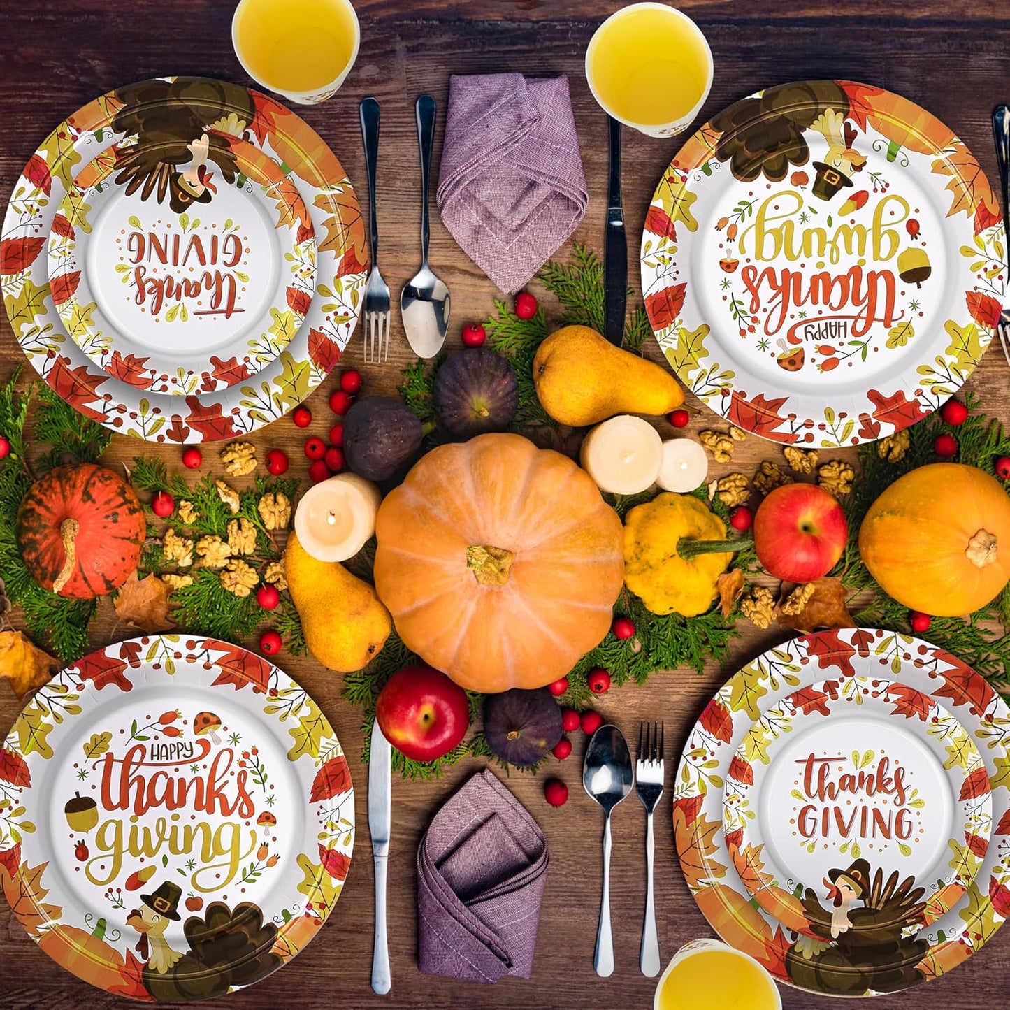 120 PCS Thanksgiving Paper Plates, Disposable Thanksgiving Plates and Cups Set, Heavy Duty Harvest Table Decorations, Fall Dinnerware Set for Holiday Decorations Themed Party Serve 30 Guests