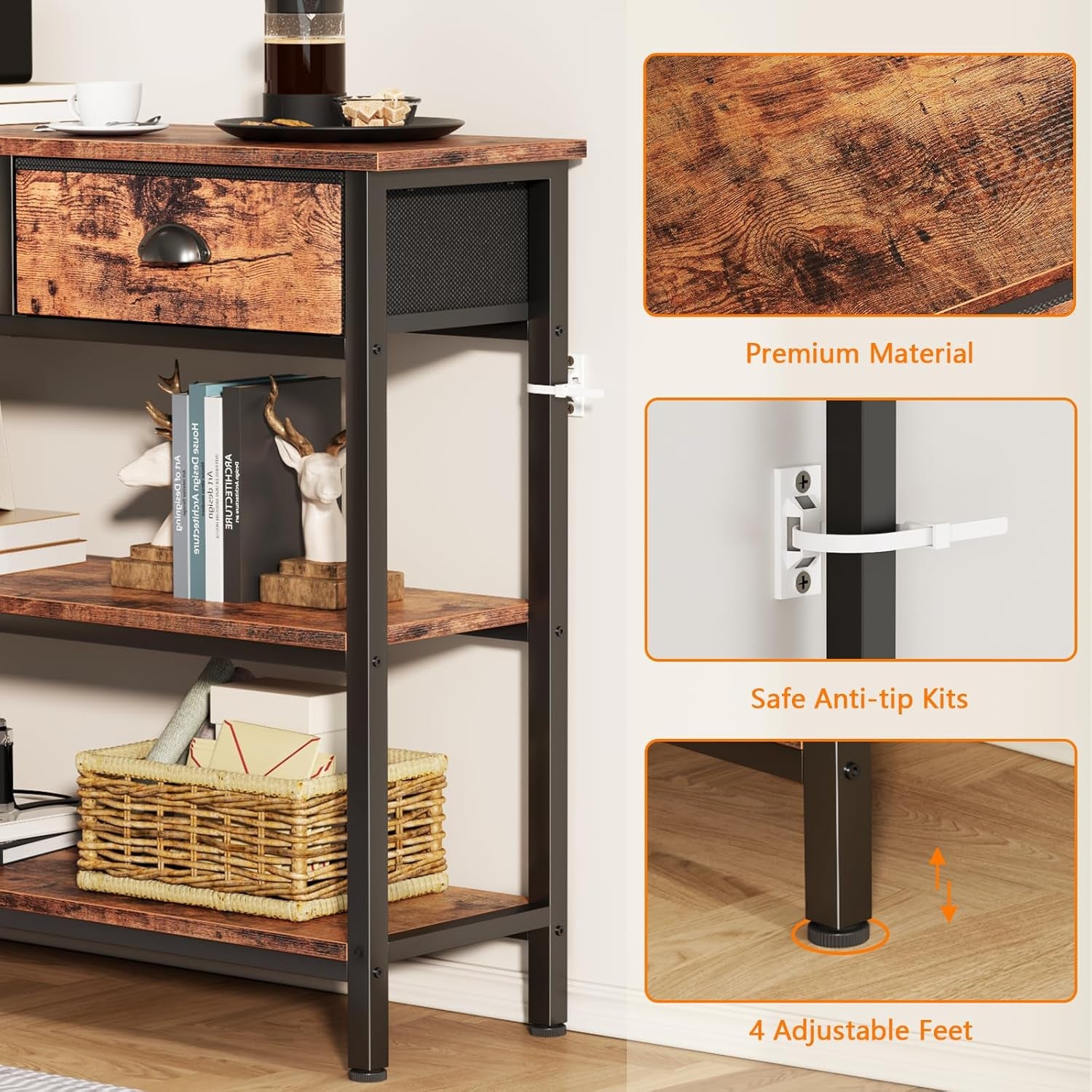 Long 47" Console Sofa Table with 3 Drawers, Entryway Table with 3-Tier Storage Shelves, Industrial Display Shelf for Entry Way, Hallway, Couch, Living Room, Kitchen, Foyer, Rustic Brown