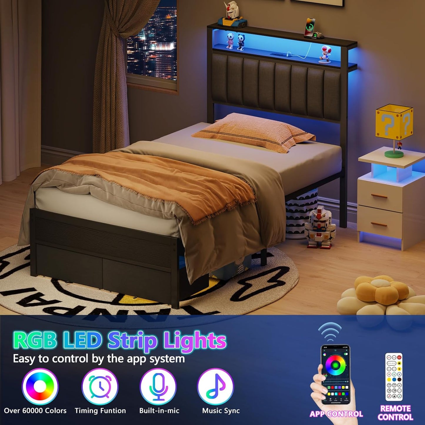 Twin Bed Frame with Integrated Charging Station and LED Lighting, Grey Upholstered Headboard with Shelving, Metal Platform Design featuring Under-Bed Storage Drawers on Wheels, No Box Spring Required