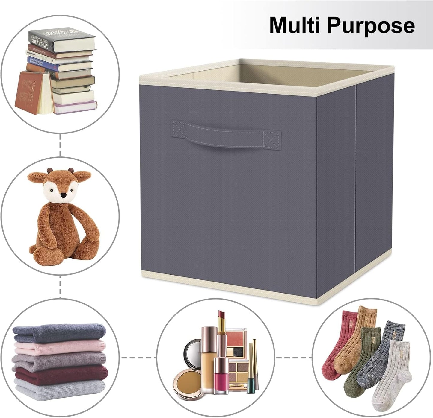 Fabtotes Storage Bins 6 Pack Collapsible Storage Cubes, 11"X10.5"X10.5" Large Book Organizer Boxes with Handles and Cardboard, Baskets for Organizing Closet Shelves (Grey)