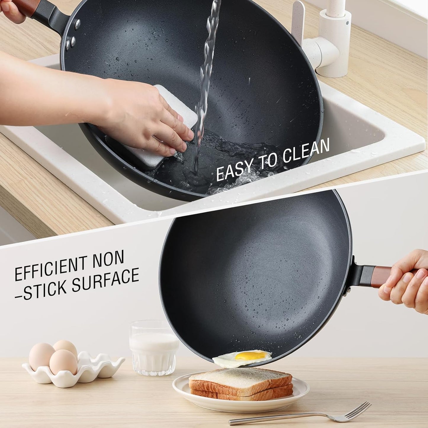 Nonstick Wok with Lid, 13 Inch Woks & Stir Fry Pans Nonstick, Carbon Steel Wok for Cooking, Pre-Seasoned Flat Bottom Chinese Wok for Induction, Electric, Gas Stoves