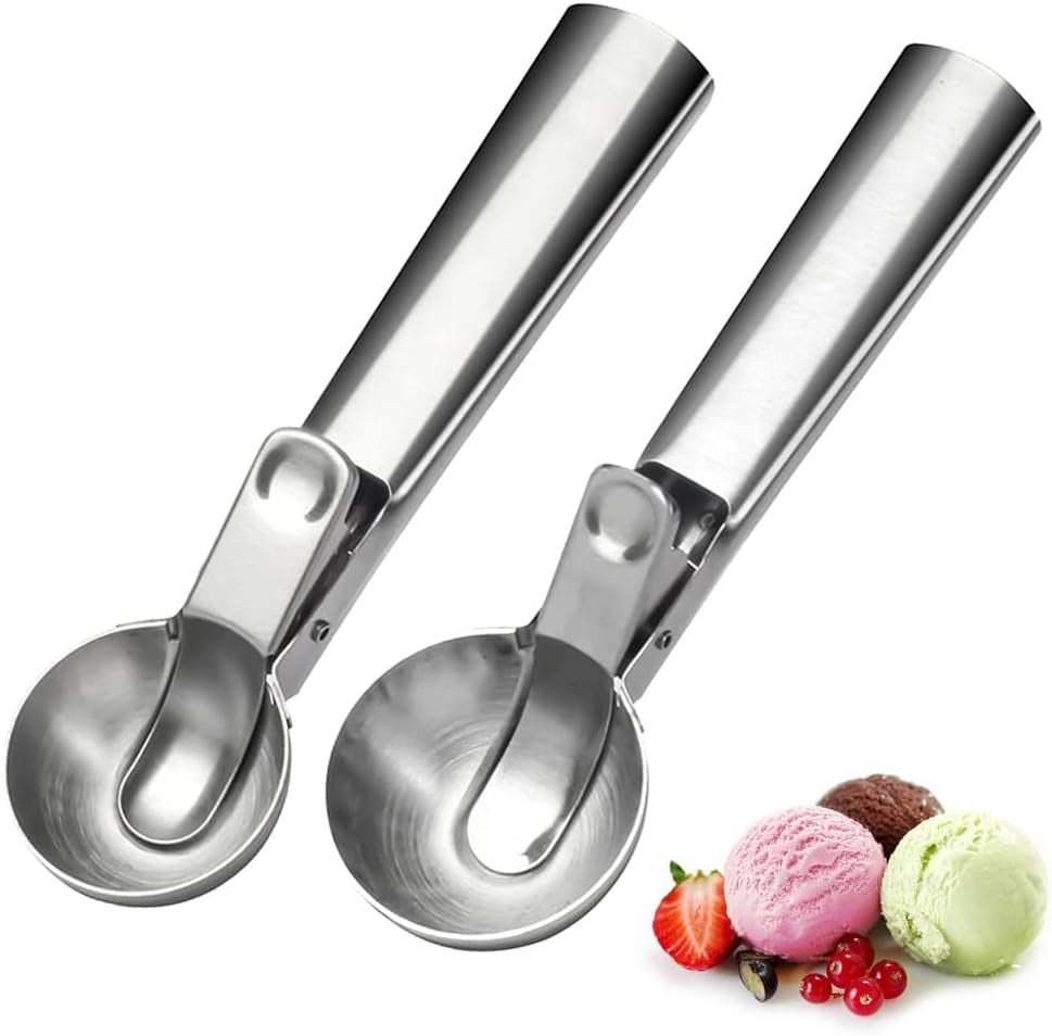 Ice Cream Scoop Set,Portable Stainless Steel Ice Cream Scoop with Trigger and Comfortable Handle,Icecream Scoop Spoon Perfect for DIY Ice Cream,Fruit,Cookie,Dishwasher Safe(2 Pieces)