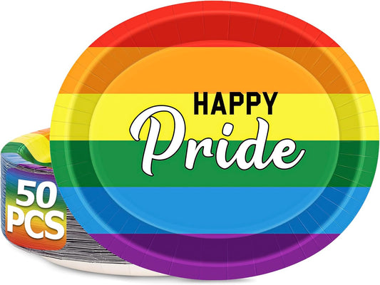 50 PCS Pride Plates, 12.2 X 10.2 Inches Pride Paper Plates, Gay Pride Decorations, Disposable Plates for LGBT Party, Colorful Stripes Pride Plates for Party Favors Party Supplies Pride Month