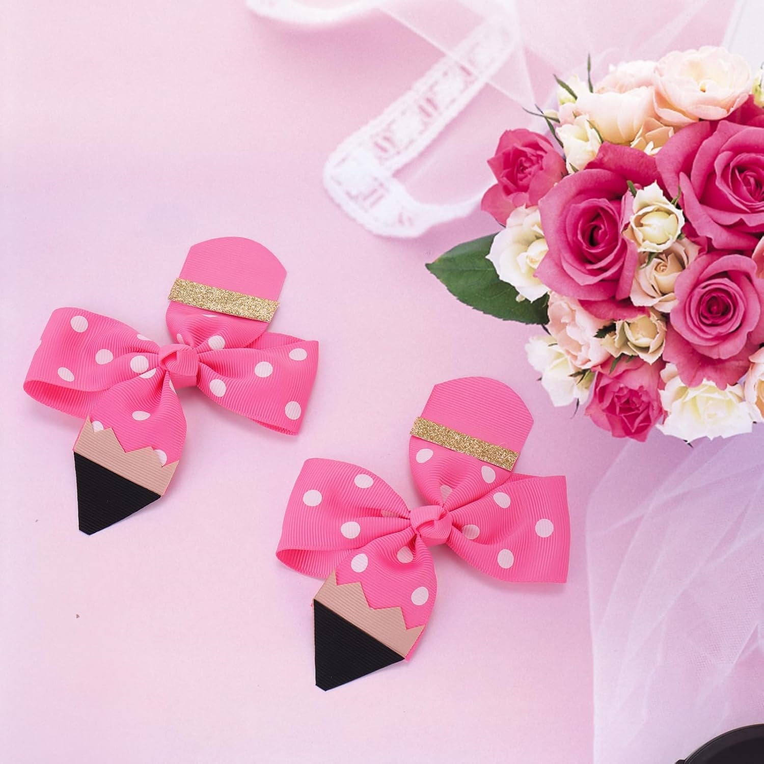Back to School Hair Accessories - Funny Pencil Hair Clips and Cute Bows for Girls, First Day School Gift for Student Uniform Outfits (Pink)