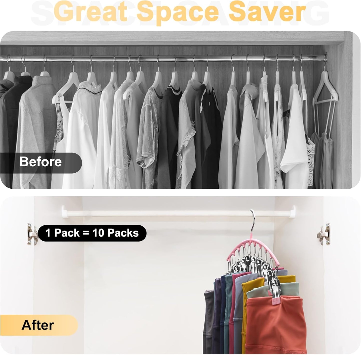 Metal Yoga Pants Hangers 1 Pack W/10 Clips Holds 10 Leggings, Space Saving Hanging Closet Organizer W/Rubber Coated Closet Organizers and Storage, Pink