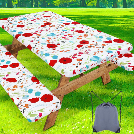 Picnic Table Cover with Bench Cover, Waterproof Elastic Fitted Tablecloth for 6 Foot Tables, Rectangle Washable Polyester Fabric Tablecloths for Picnic, Camping, Outdoor (Flower, 30" X 72")