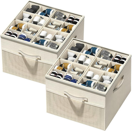 Shoe Organizer for Closet, 2 Pack Foldable Shoe Storage Organizer Box Bin with Adjustable Dividers and Clear Cover, Fits up to 16-32 Pairs (Beige)