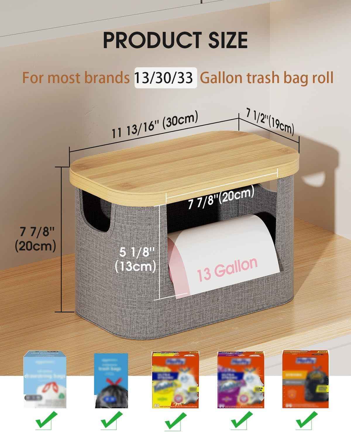 Stackable Trash Bag Dispenser with Bamboo Lid, Large Garbage Bag Dispenser Holder for 4-33 Gal Bags, Organizers and Storage for under Sink Organizer, Kitchen Countertop, Laundry Room