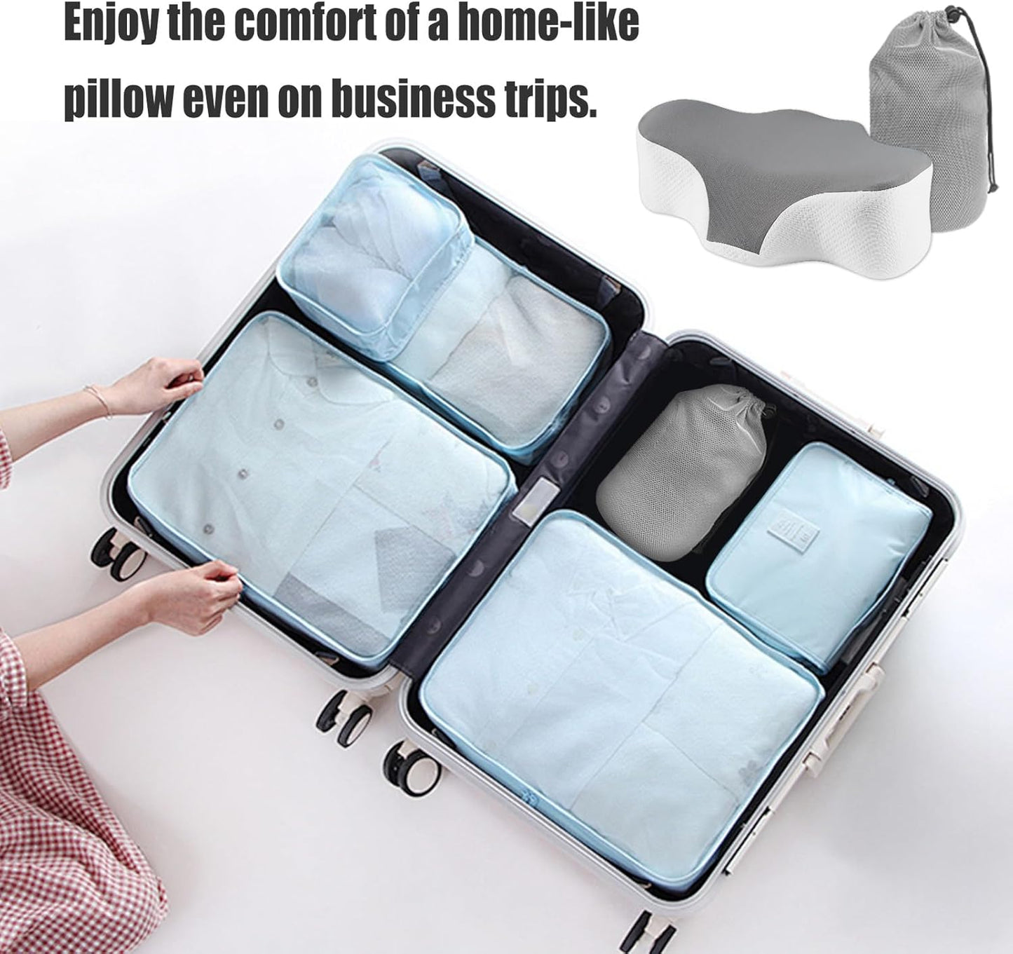 Travel Pillow for Sleeping,Cervical Neck Support Pillow for Neck Pain Relief,Lightweight Ergonomic Memory Foam Camping Pillow,Portable Contour Pillows W/Travel Storage Bag,Cooling Cover
